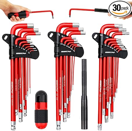 SEDY 30-Piece Long Arm Ball End L-Hex & Torx Key Set with Grip Handle, Ultimate Hex Key Wrench Set with T-Handle and Extension Bars, SAE 1/16" to 3/8", Metric 1.5mm to 10mm, Torx T10 to T50