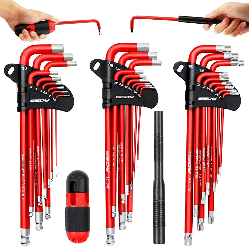 Kit de Chaves Allen e Torx SEDY com 30 Peças, Haste Longa, Ponta Esférica, Cabo em T e Barras de Extensão, SAE de 1,6 a 9,5 mm, Métrico de 1,5 a 10 mm, Torx T10 a T50