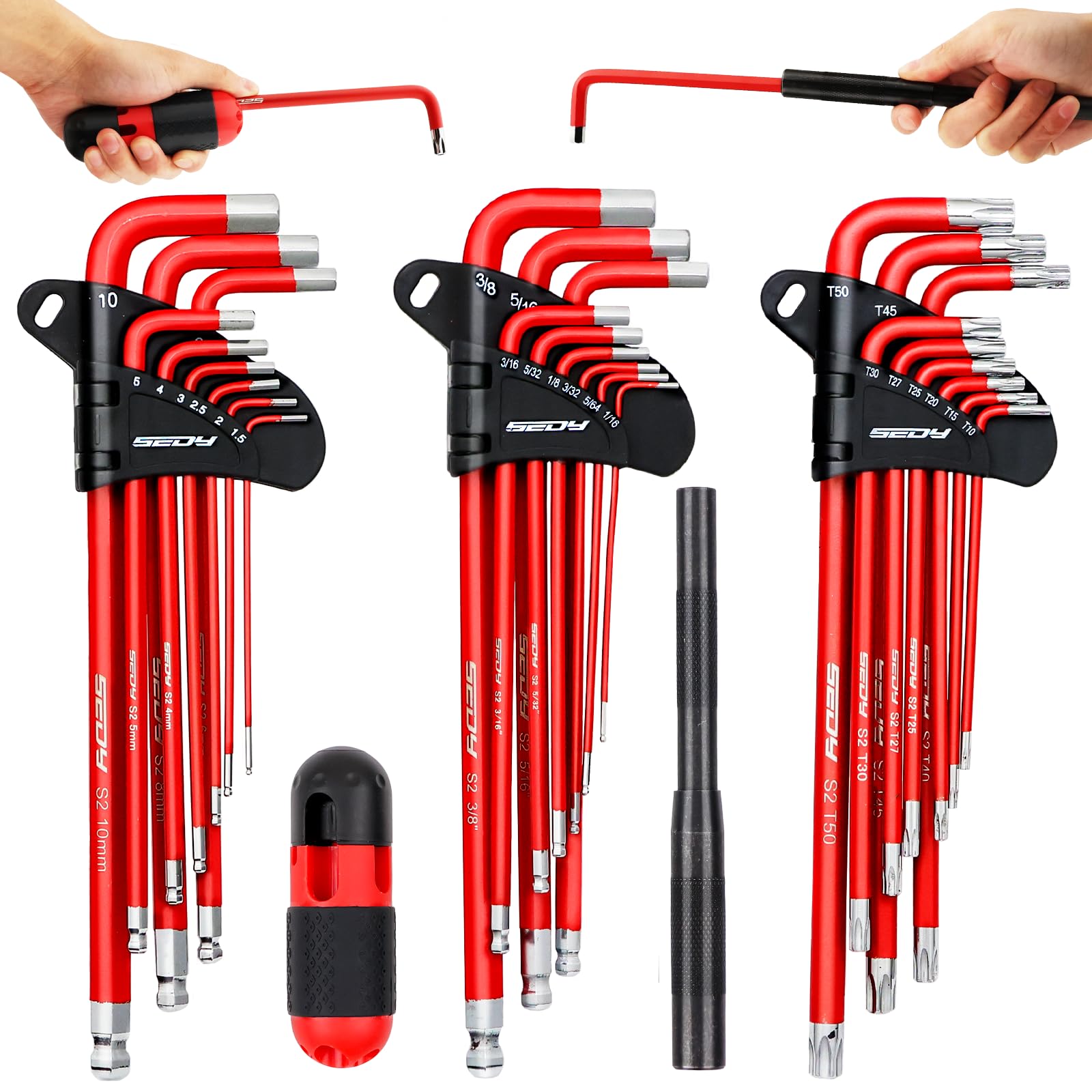 SEDY 30-Piece Long Arm Ball End L-Hex & Torx Key Set with Grip Handle, Ultimate Hex Key Wrench Set with T-Handle and Extension Bars, SAE 1/16" to 3/8", Metric 1.5mm to 10mm, Torx T10 to T50