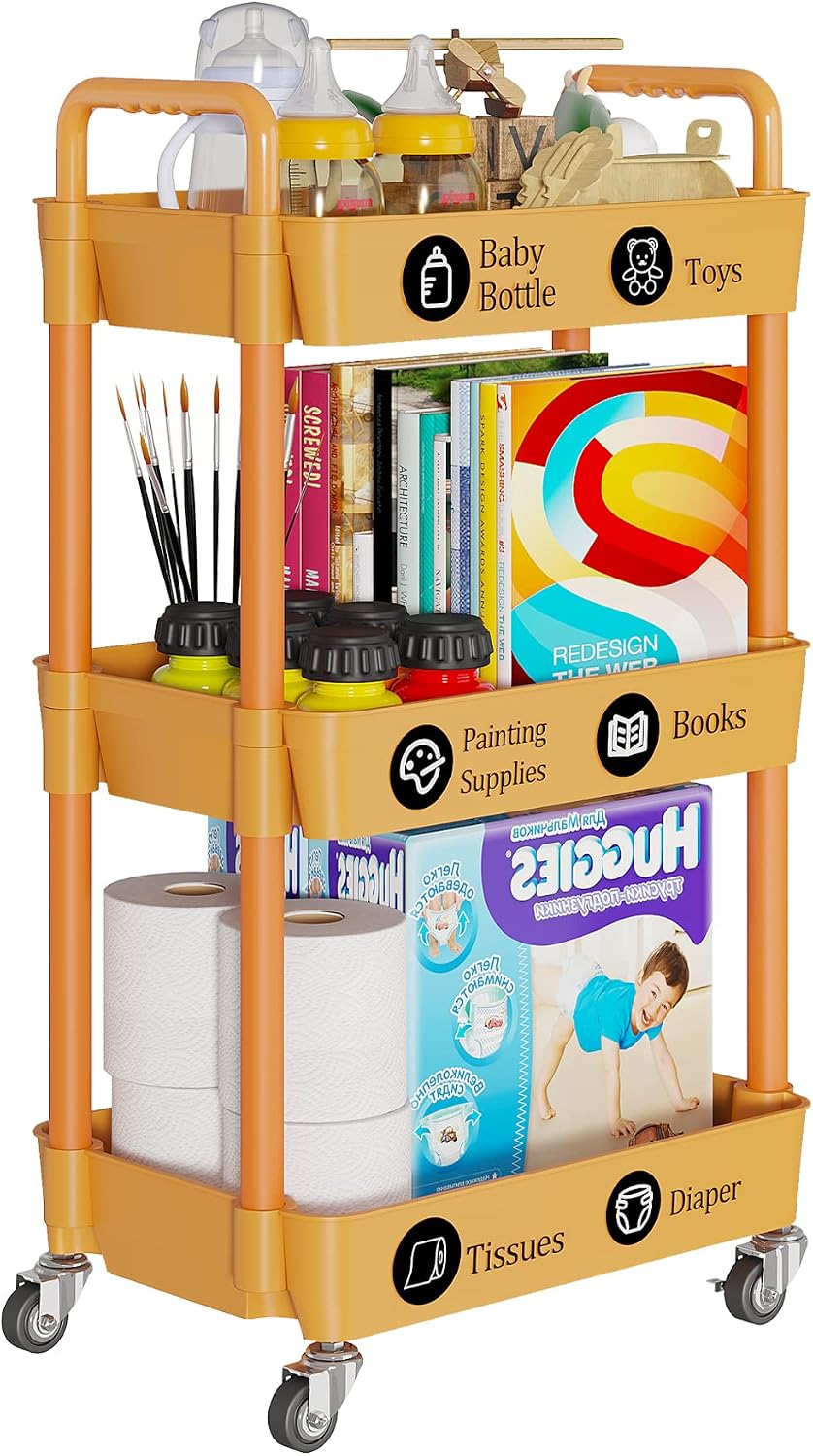 Laiensia 3-Tier Storage Cart,Multifunction Utility Rolling Cart Kitchen Storage Organizer,Mobile Shelving Unit Cart with Lockable Wheels for Bathroom,Laundry,with Classified Stickers,Orange