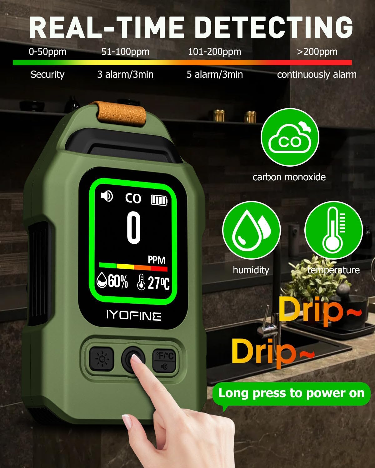 Portable Carbon Monoxide Detector for Travel, 300H Standby, CO Detector with Magnetic Back, Rechargeable 3-in-1 CO Monitor with Audible & Visual Alarm for Camping, Hotel, Car & RV (Dark Green) image 3 of 6 B0FLQCL3CV