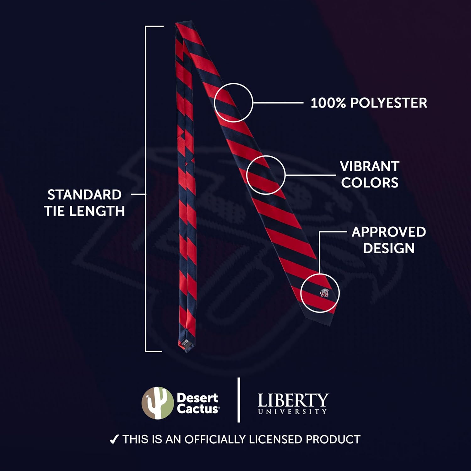 Desert Cactus Liberty University Neck Tie LU Flames 100% Polyester Necktie with Logo, Officially Licensed - Image 3