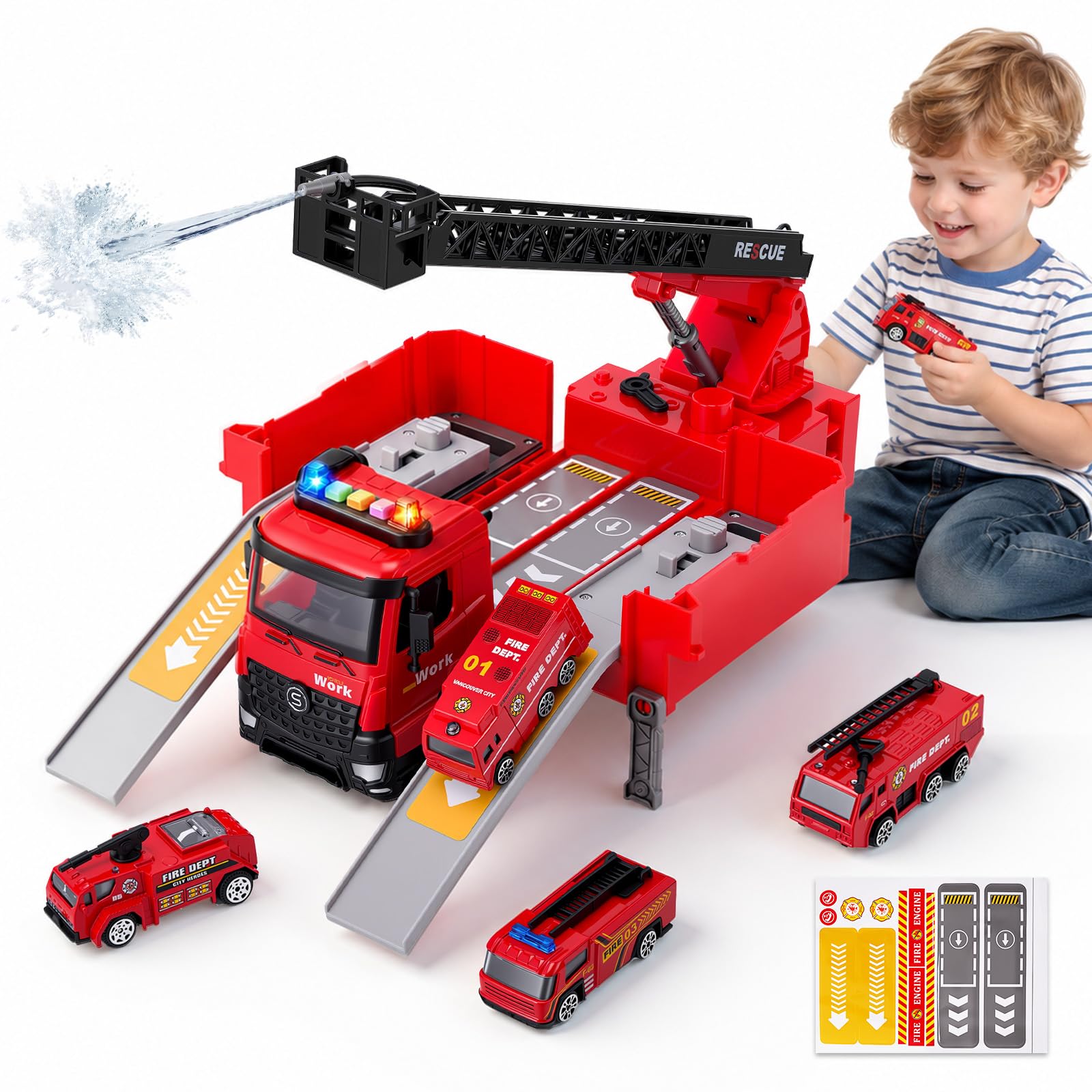 Camion Pompieri Grande, Camion Pompieri Giocattolo per Bambini da 2 3 4 Anni, Vigili del Fuoco per Bambini con Funzione Sprinkler, Pompiere Giocattolo, Luci e Suoni, Compleanno