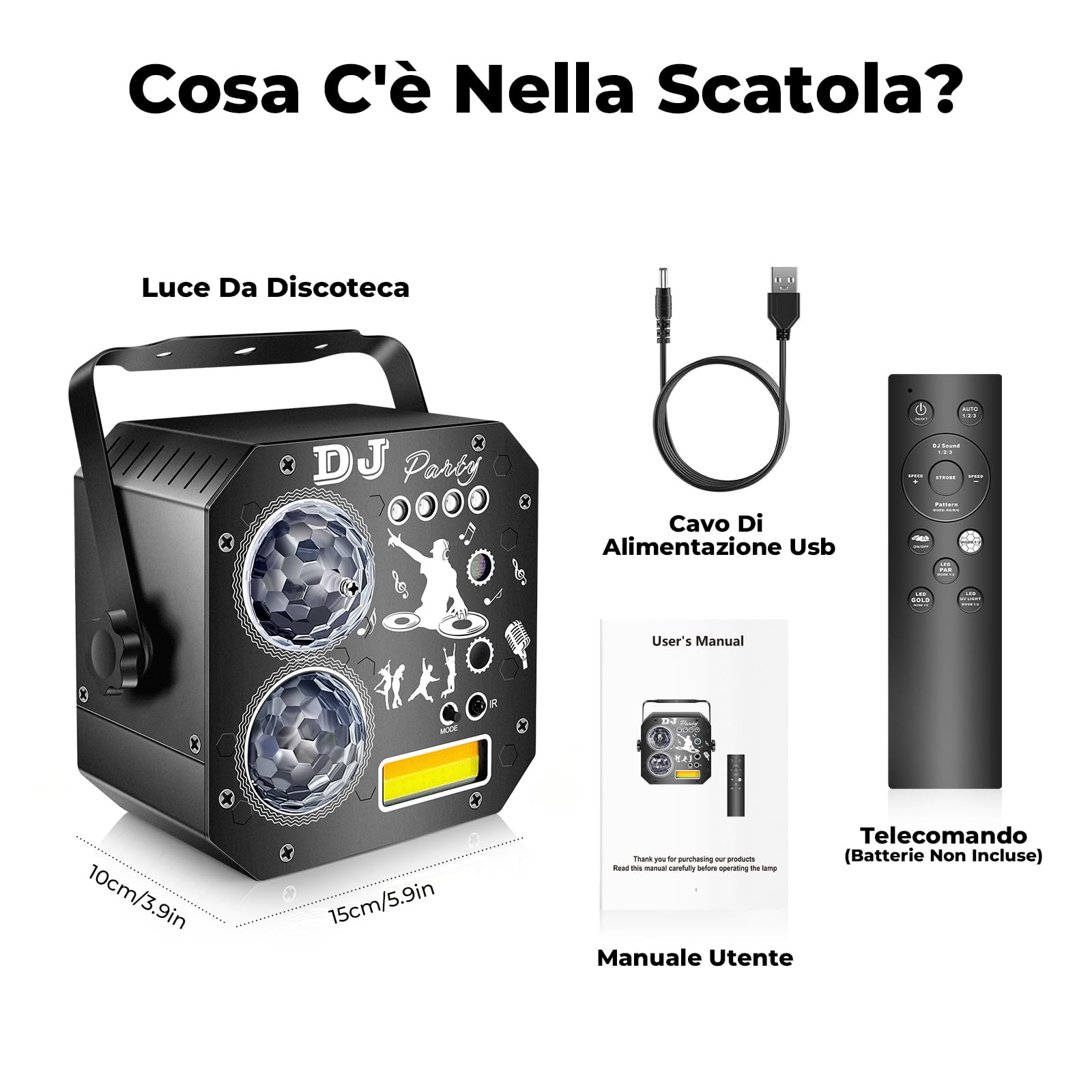 Luci Discoteca 7 in 1 con Doppia Sfera Disco, Luci DJ Attivata dalla Musica, Luci Discoteca da Esterno LED RGB, Luce UV, Luci Sfera Rotante per Club, Karaoke, Compleanno, Halloween, Natale