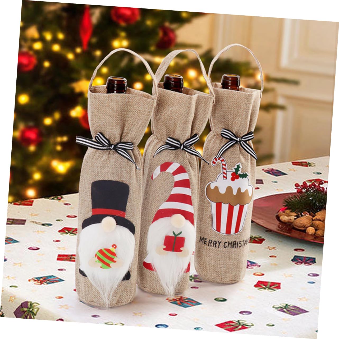 Ciieeo 5 Ensembles Housse De Bouteille De Vin en Toile De Jute De Transport De Boissons avec Fenêtre Housse De Vin du Père Noël Décoration De Porte De Noël en 3 pièces * 5