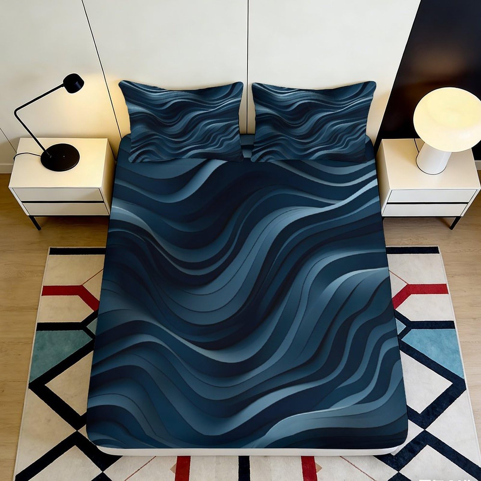 3D Printed Dark Blue Abstract Wave Fitted Sheet Microfiber Soft Decorative Art Mattress Cover for Bedroom Guestroom 90x200x25cm