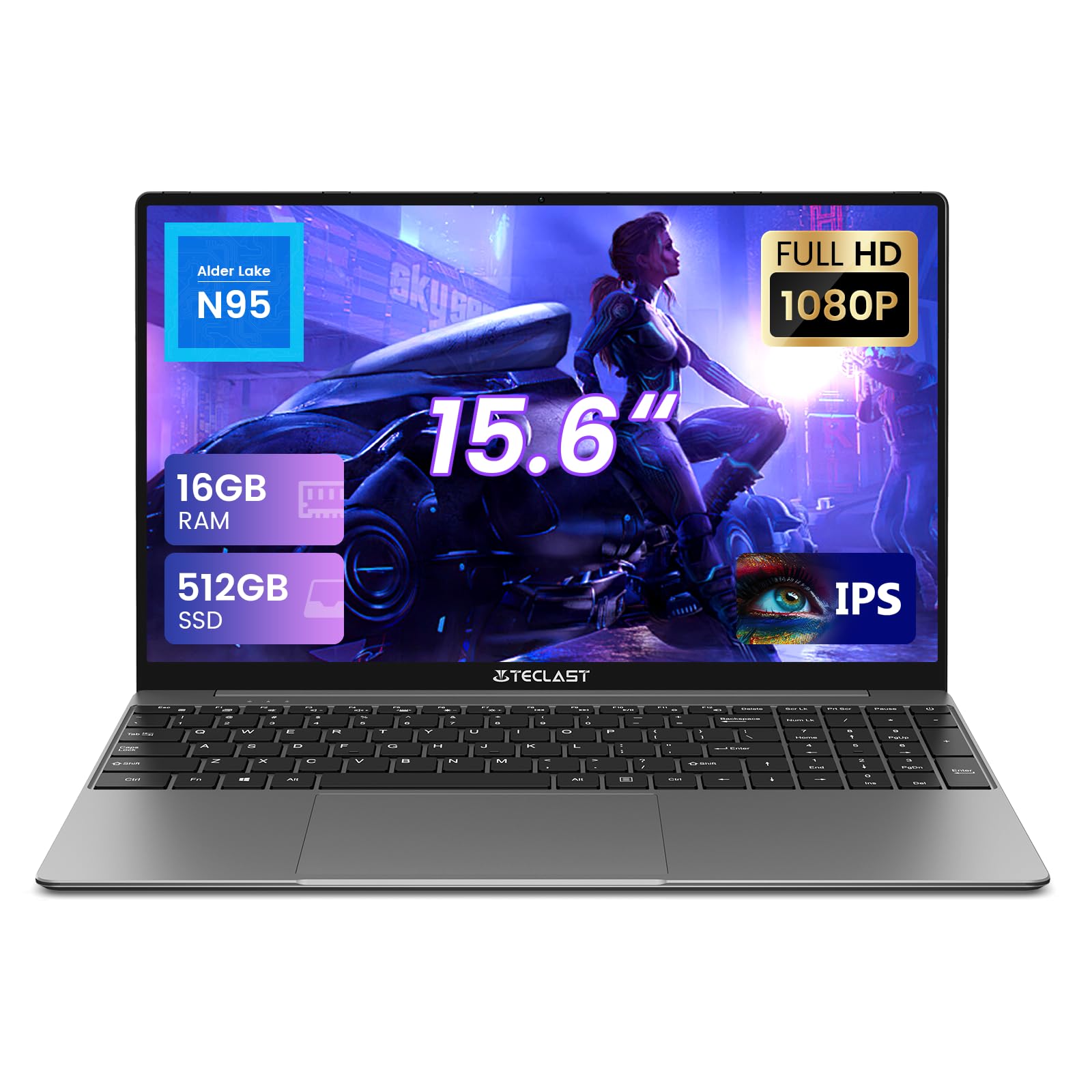 TECLAST F16Pro PC Portatile 15,6 Pollici FHD, 16GB RAM 512GB SSD, Intel N95 Notebook(fino a 3.4Ghz), Tastiera Retroilluminata Computer Portatile, WiFi 6/BT 5.0, HDMI, Type C, USB3.0, Laptop 2024