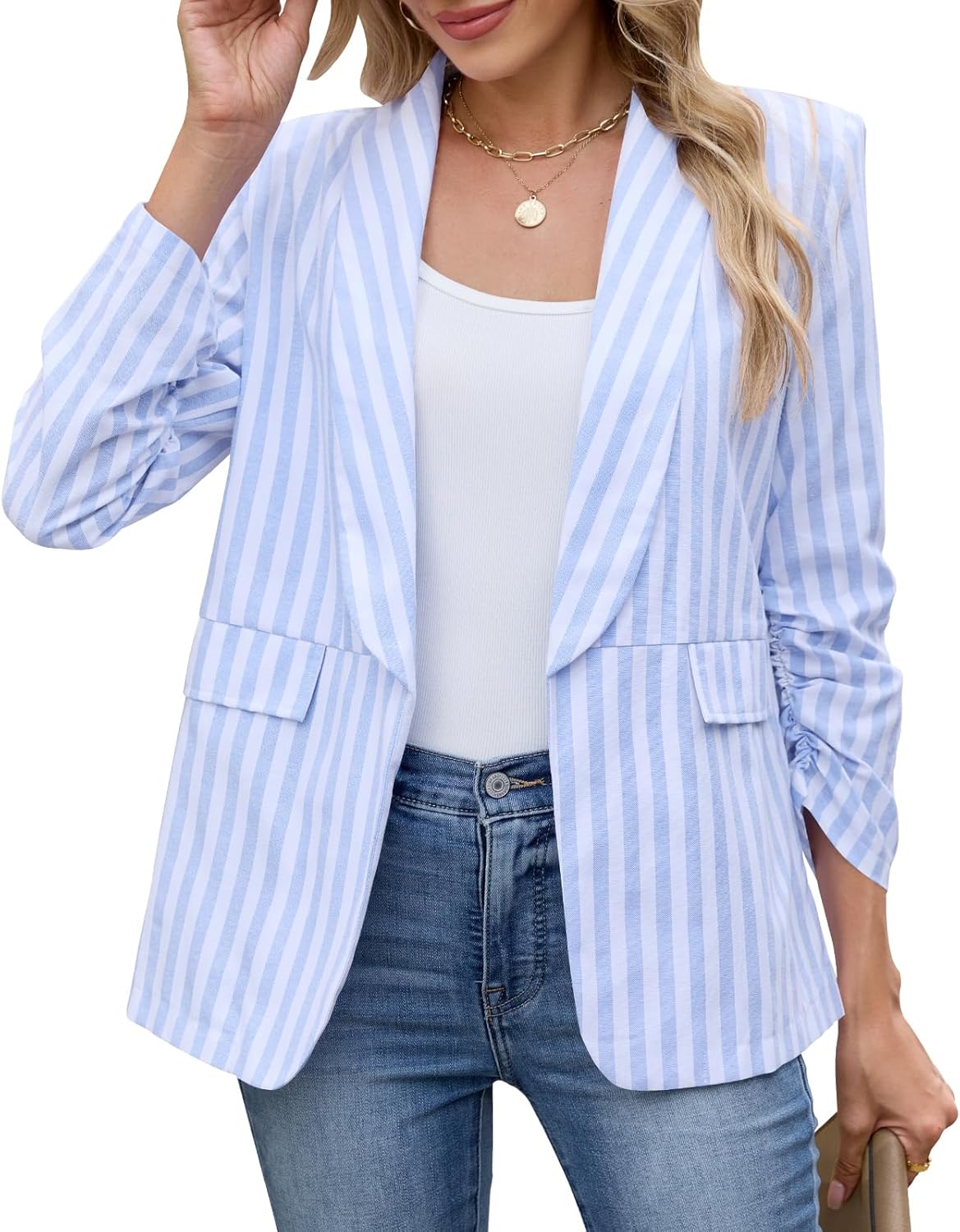 Womens 3/4 Sleeve Blazers Lightweight Open Front Striped Cardigan Jacket Office Work Suits with Shoulder Pads - Image 3