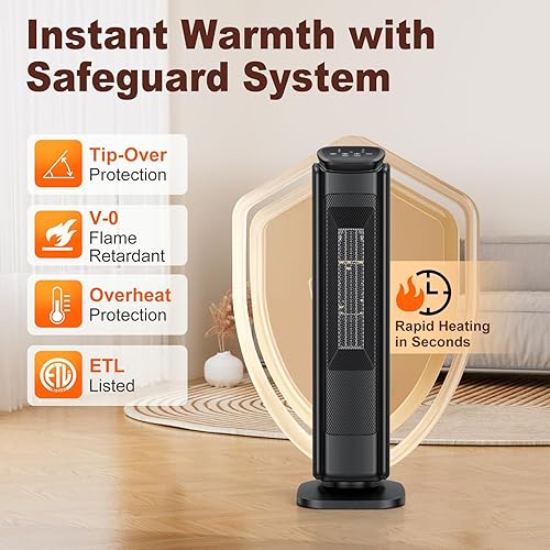 Miniatura 6 de Calentadores de espacio de torre de 30 pulgadas para uso en interiores, calentador eléctrico oscilante de 1500 W con control remoto, termostato y