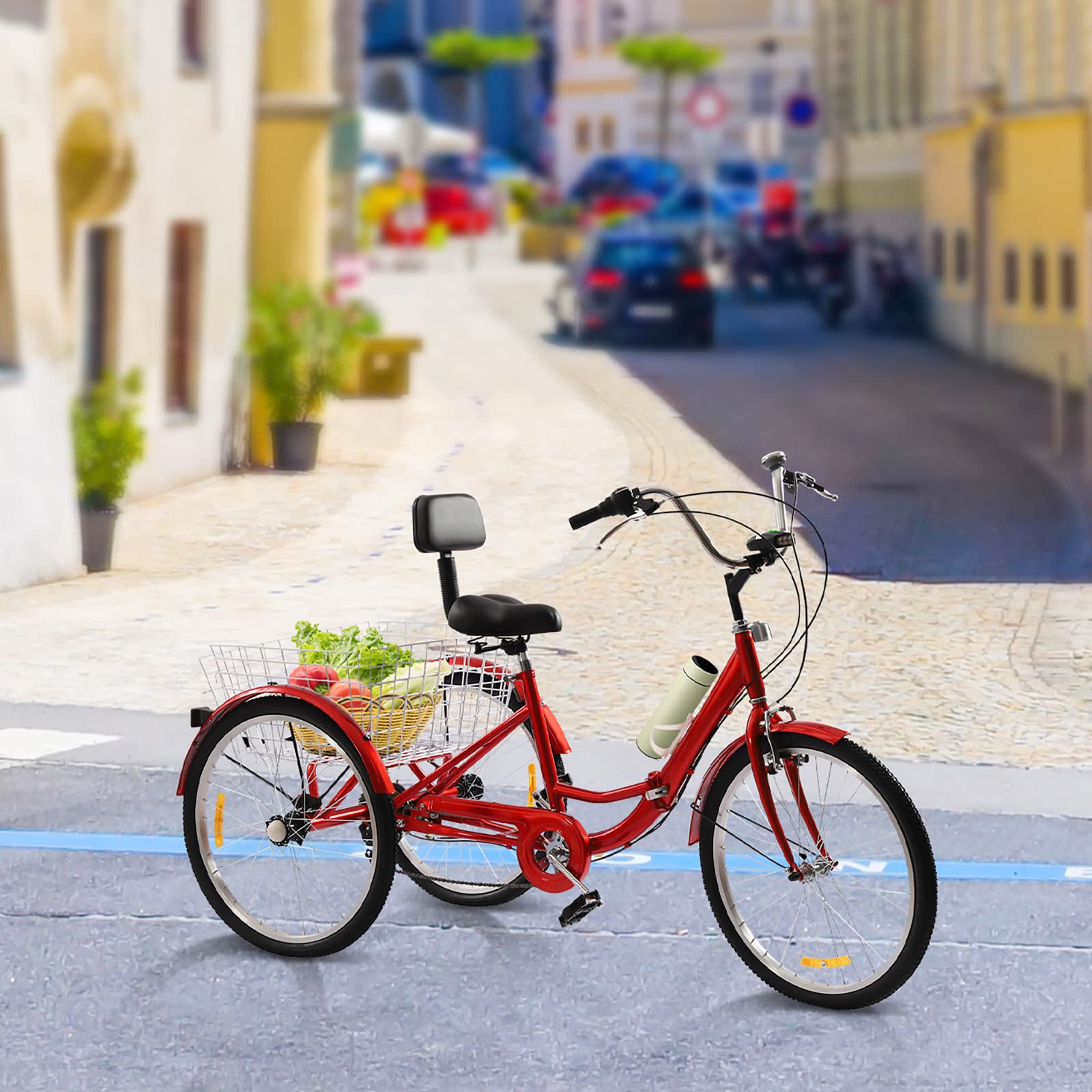 awolsrgiop Triciclo per adulti 24 pollici, pieghevole, 3 ruote, 7 marce, per adulti, triciciclo, bicicletta da crociera con luce a LED, porta bicchiere (giallo