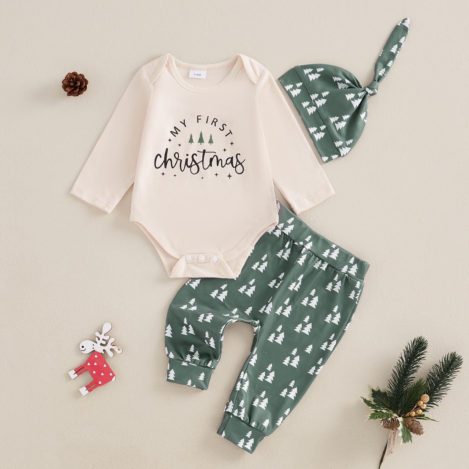 Newborn Baby Boy Girl Christmas Outfit Gingerbread Man Christmas Tree Romper Bodysuit Pants Hat Set Xmas Clothes (Green, 0-3 Months)