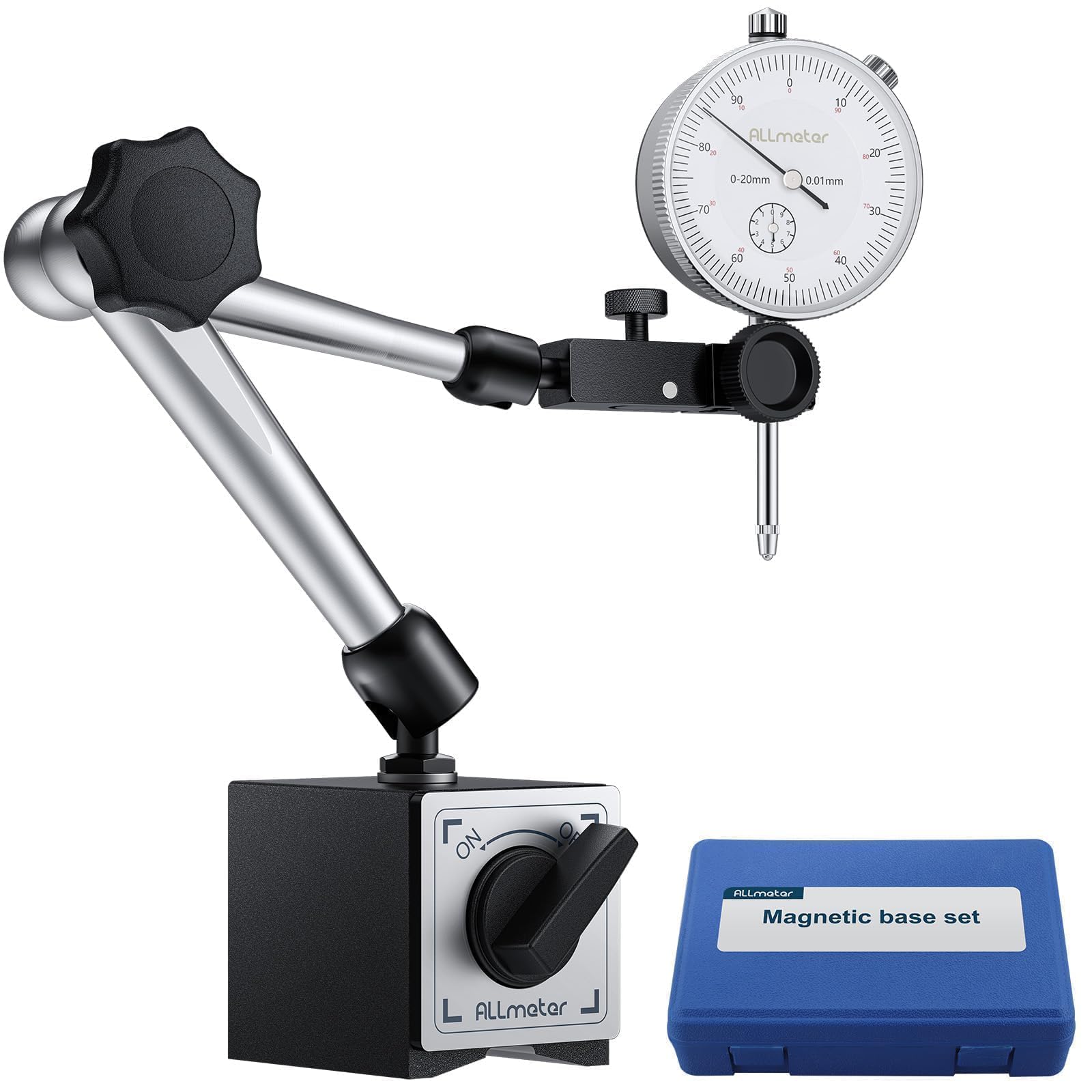 Reloj Comparador 0-20mm con Base Magnética 80kg 0.01mm Indicador de Dial con Soporte de Brazo Ajustable para Maquinaria Industria
