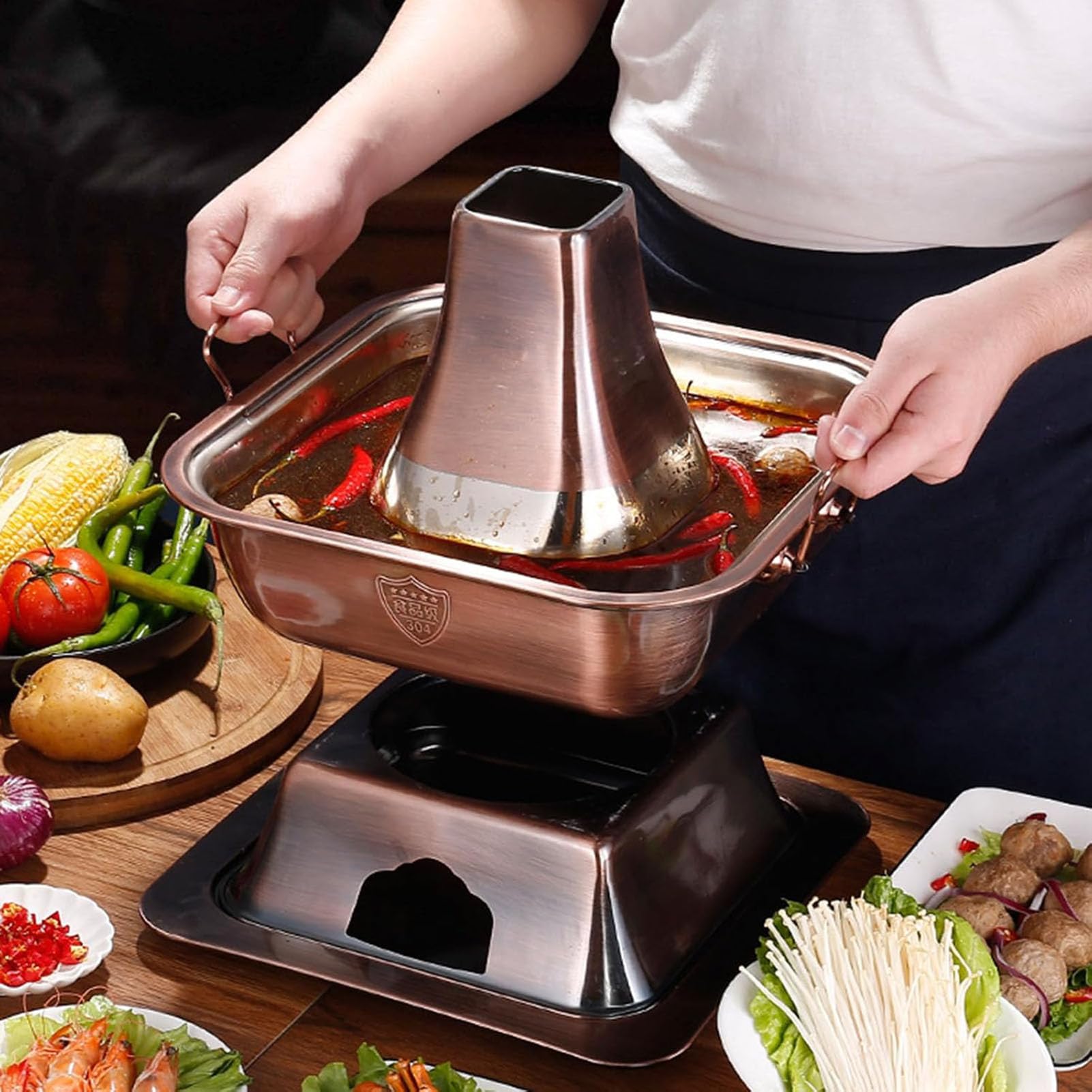 Gorący kociołek węglowy miedziany, Shabu Hot Pot z pokrywką, Stary pekiński garnek do gotowania,Silver,34cm/13.4in