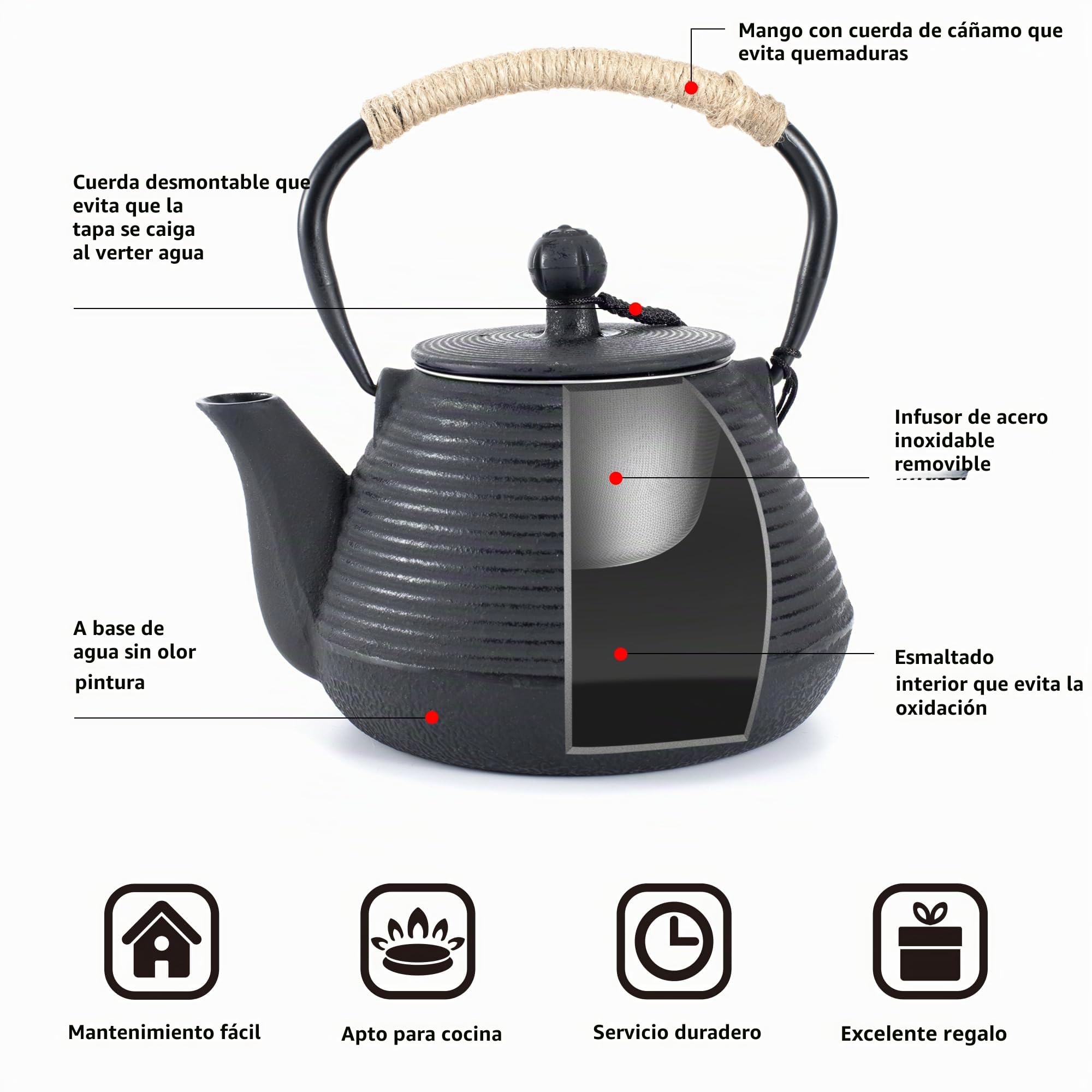 Tetera de hierro fundido MILVBUSISS con más cálido, 1000ml hervidor de té caja fuerte con calentador para hoja suelta, tetera japonesa recubiercon Interior esmal, 35oz negro