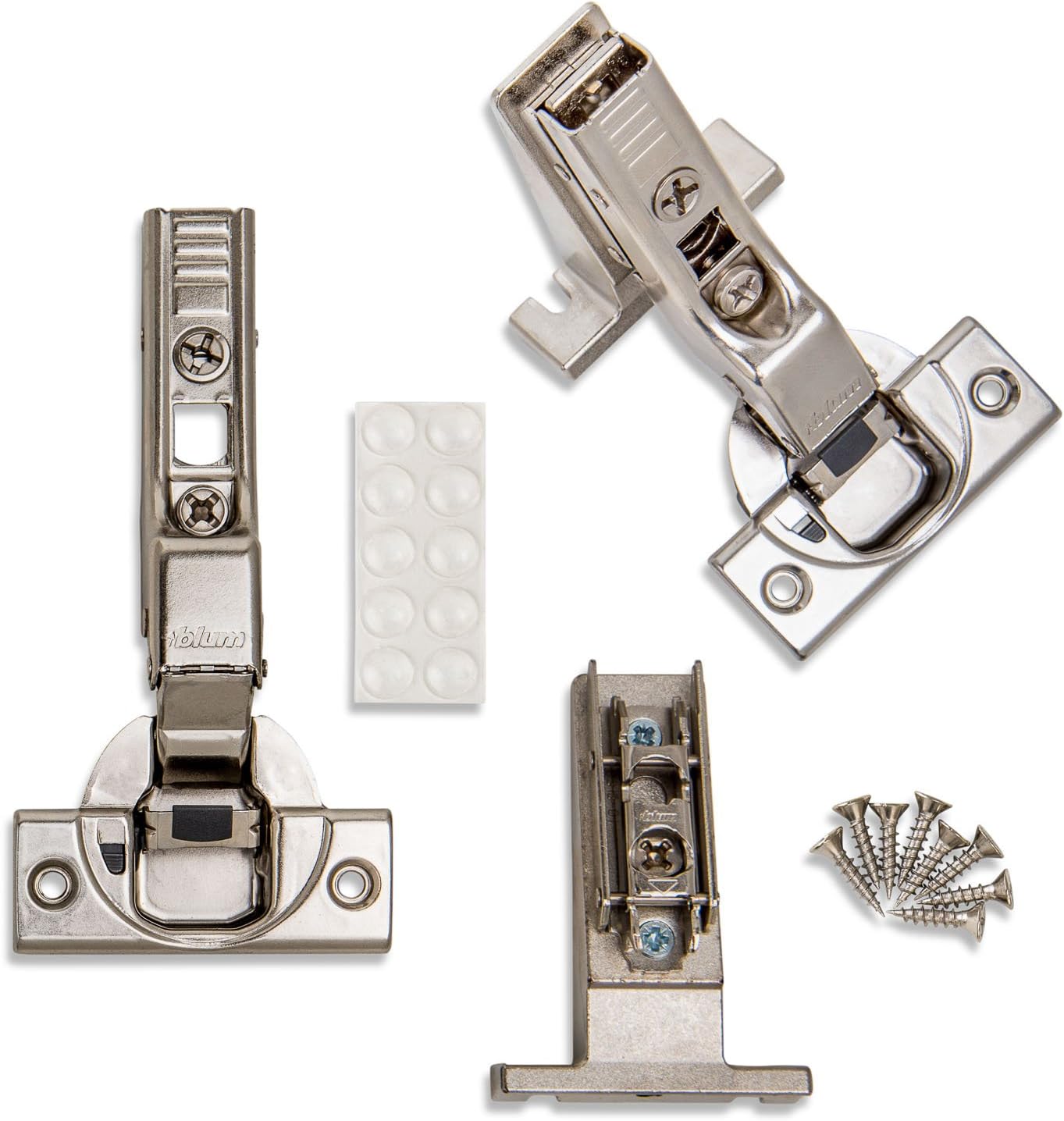 Blum Inset Clip Top BLUMOTION Soft Close Inset Hinges 71B3650 (Screw-on, 110 Degree, Face Frame) with Mounting Plates, ProCabinetBumpers and Screws (8)
