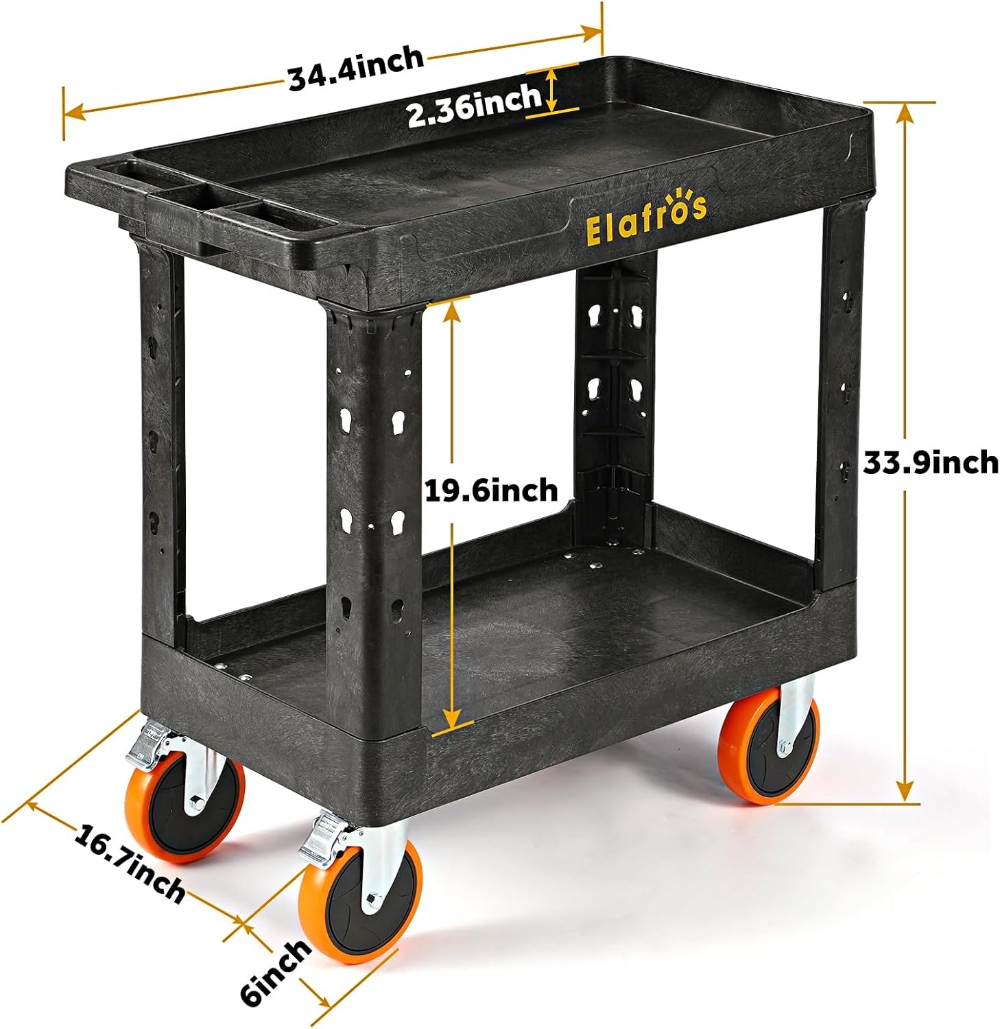 elafros heavy duty plastic utility cart 34 x 17 inch - work cart tub storage w/deep shelves and full swivel wheels safely holds up to 550 lbs - 2 tier service cart for warehouse with 6" caster 4 swivel 6" casters