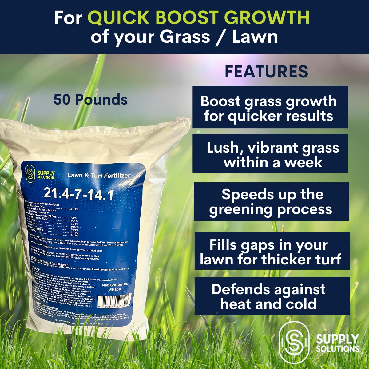 Supply Solutions 21.4-7-14.1 Lawn and Turf Fertilizer with Iron - Achieves a Lush Green Lawn in Weeks - Turf Builder for All Grass Types - for Greener Grass Fertilizer (50lbs)