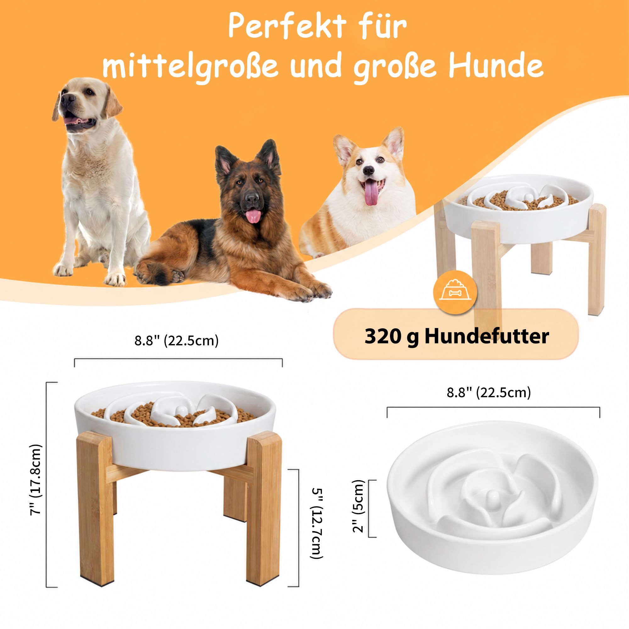 Antischlingnapf Hunde Keramik Hundenapf Erhöht - Anti Schling Napf Hund mit rutschfestem Bambusständer - Futternapf Hund für mittelgroße und große Hunde - Fressnapf Hund Langsam Essen - Weiß - 22,5 cm