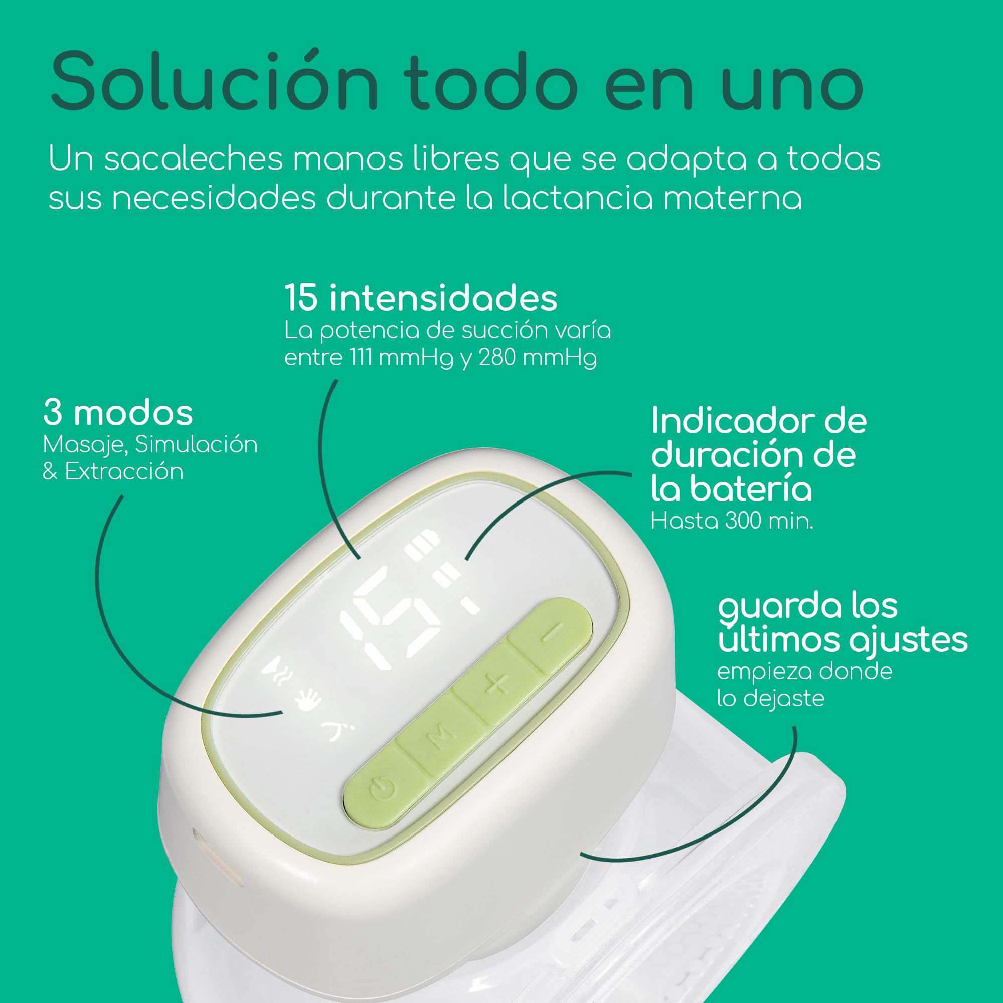 Bebeconfort Discreet Sacaleches Electricos, Sacaleches Manos Libres, Silencioso (51 dB), 3 Modos de Extracción, 15 Ajustes Intensidad, Batería Larga Duración, Contenedor Grande 210 ml