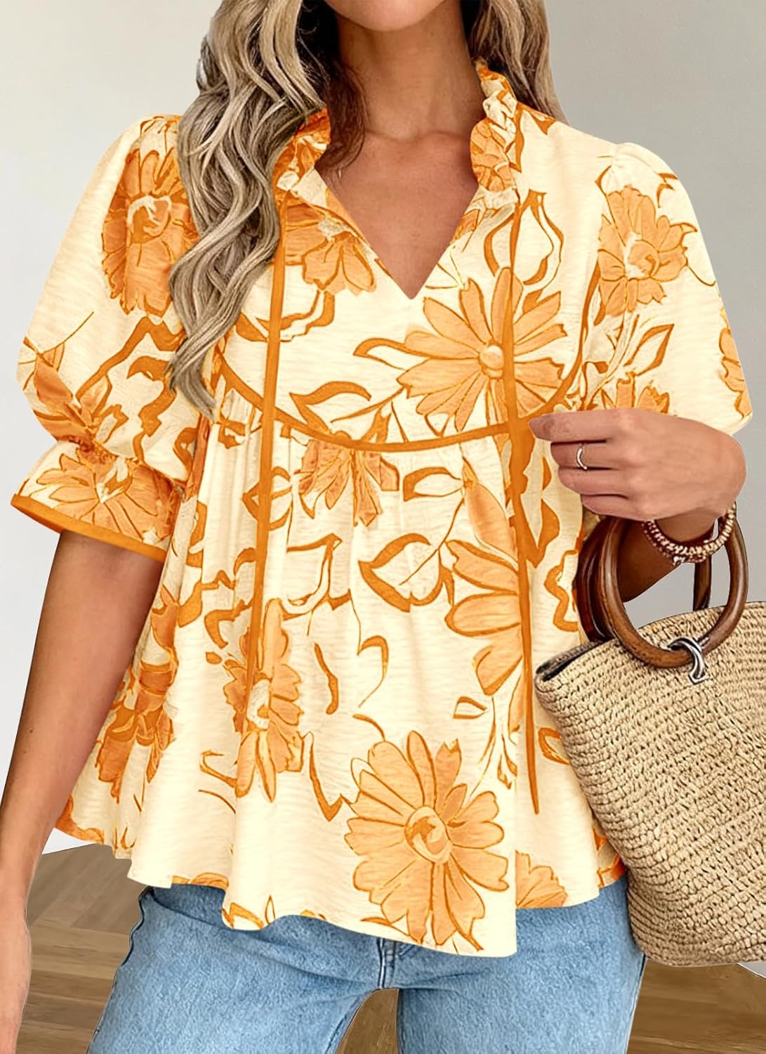 PRETTYGARDEN Womens Summer Tops 2026 Cute Puff Sleeve Ruffle V Neck Babydoll T-Shirts Boho Floral Spring Peplum Shirts