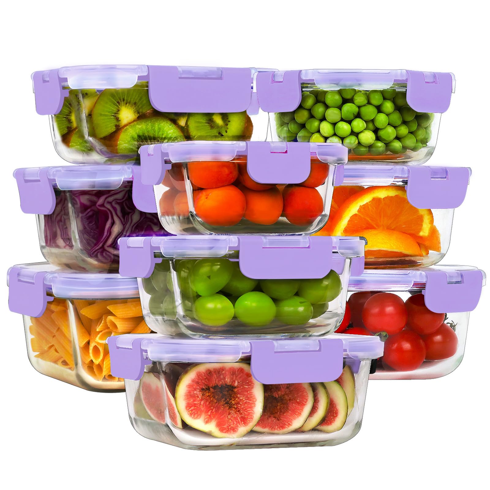 HOMBERKING Frischhaltedosen aus Glas mit Deckel, luftdichte Lunch-Bento-Boxen (9 Deckel und 9 Behälter), Violett, 18 Stück