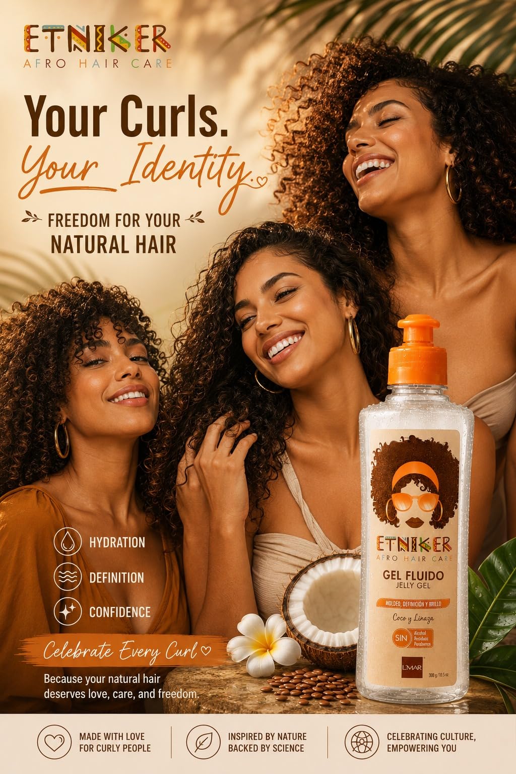 L'MAR Etniker Gel Afro Cuidado del Cabello Residuos sin Alcohol y Linaza, Gel Etniker Fluido Coco y Linaza Moldeo Definición y Brillo Sin Alcohol Residuos Parabenos 10.5Oz-300ml