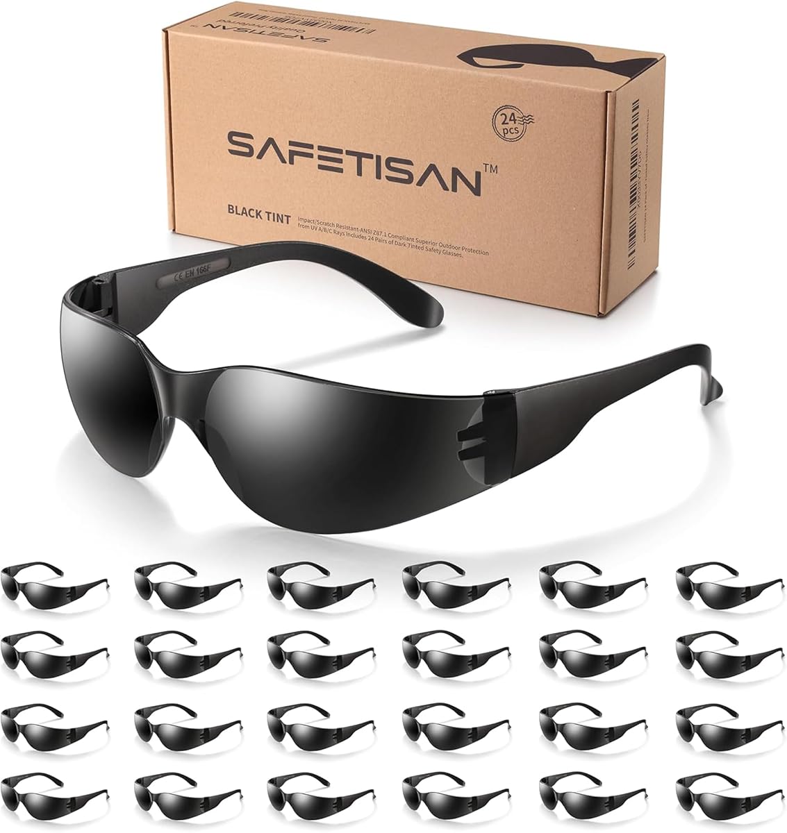 Gafas de seguridad tintadas a granel, paquete de 24, gafas protectoras de seguridad con sombra, gafas de sol con protección UV, lentes de humo oscuro resistentes a arañazos y impactos | Perfecto para construcción, tiro, trabajo de laboratorio.