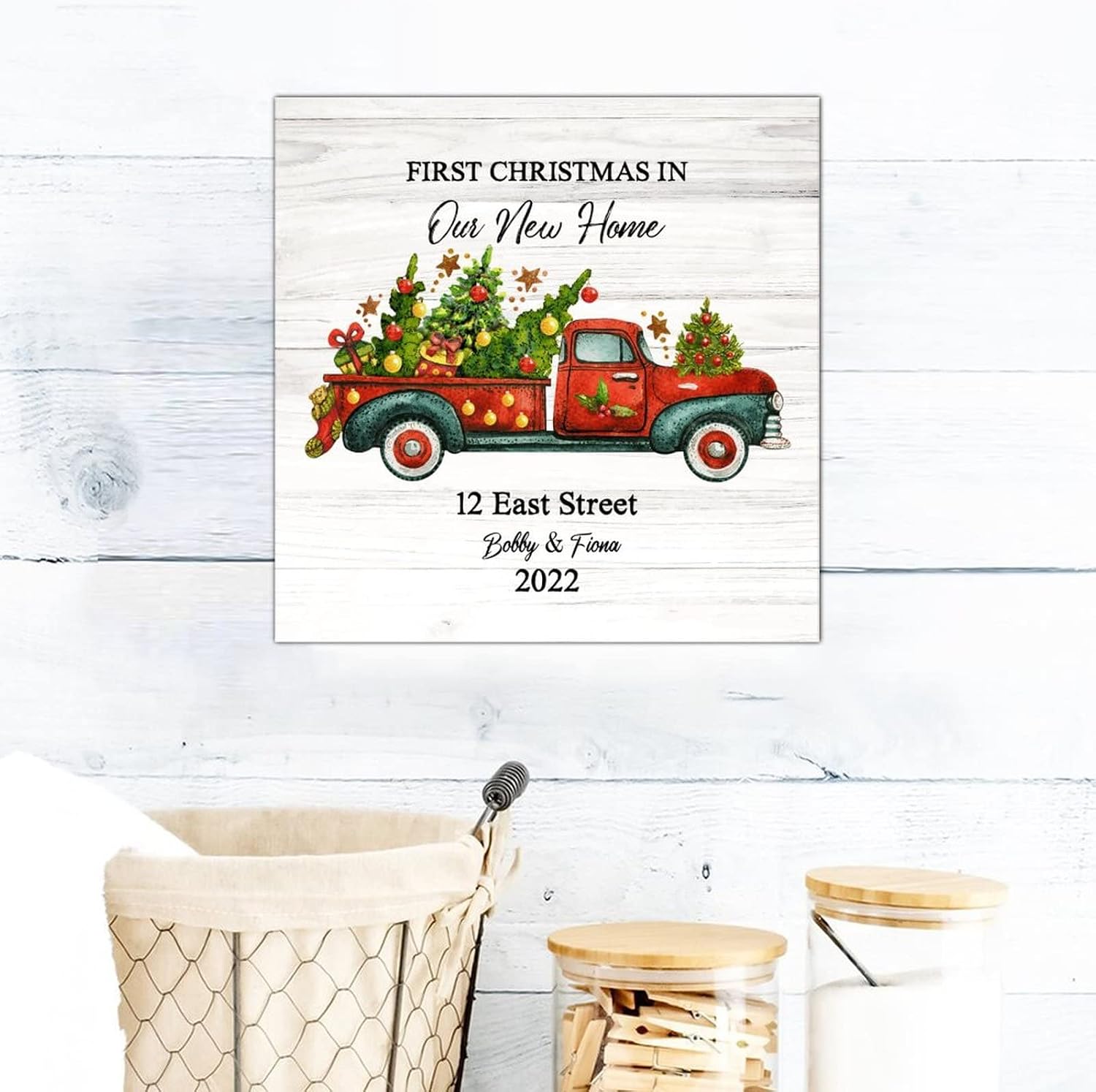 First Christmas in Our New Home Wood Sign Red Truck Tree Custom Address Name Hanging Sign Farmhouse Merry And Bright Wood Wall Hanging Decorative For Home Restroom Bathroom Toilet Kitchen 16x16in