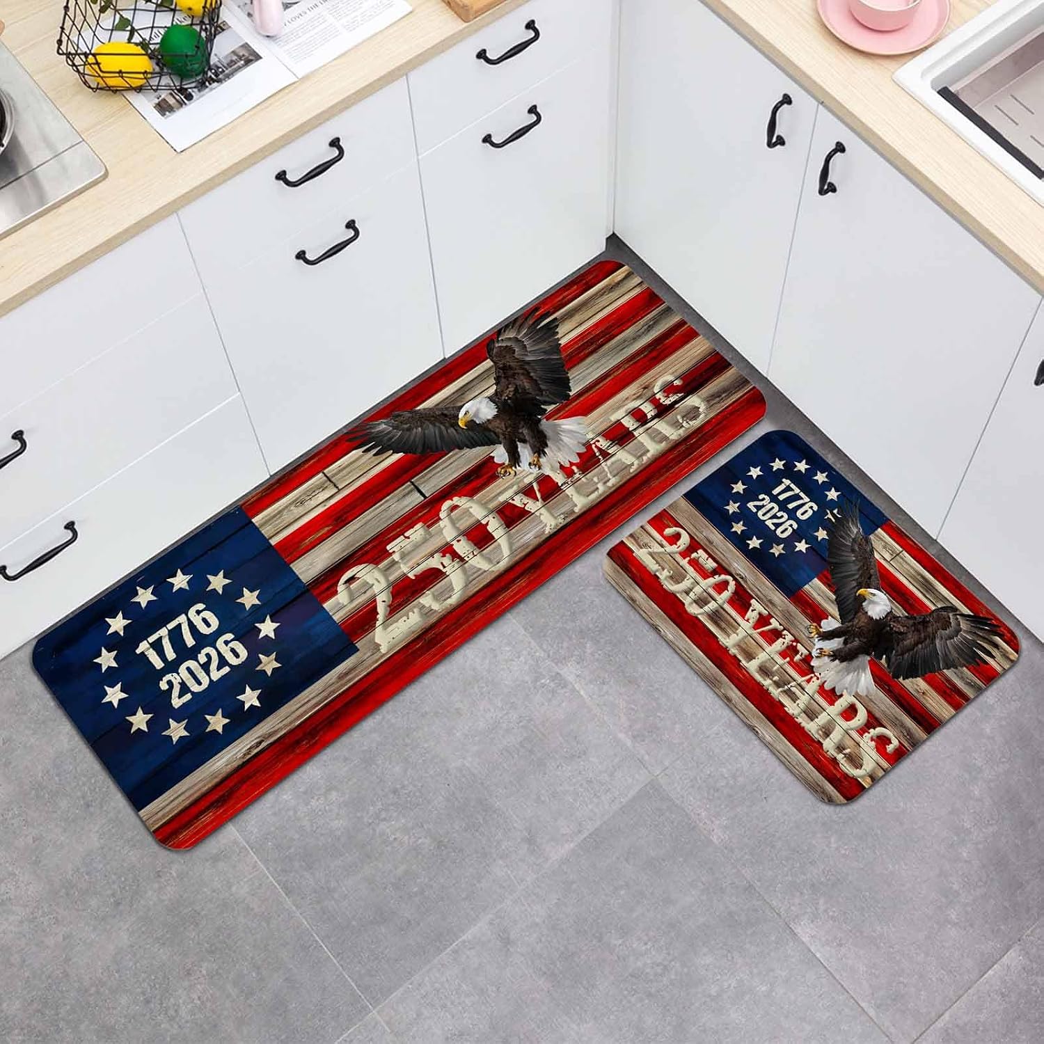 America 250 Years Eagle Kitchen Mat Set 2 Pieces Independence Day Red Blue USA Flag Wood Grain Non Slip Kitchen Rugs Washable Runner Rug Mats for Sink Laundry (23.6" x 35.4"+23.6" x 70.9")