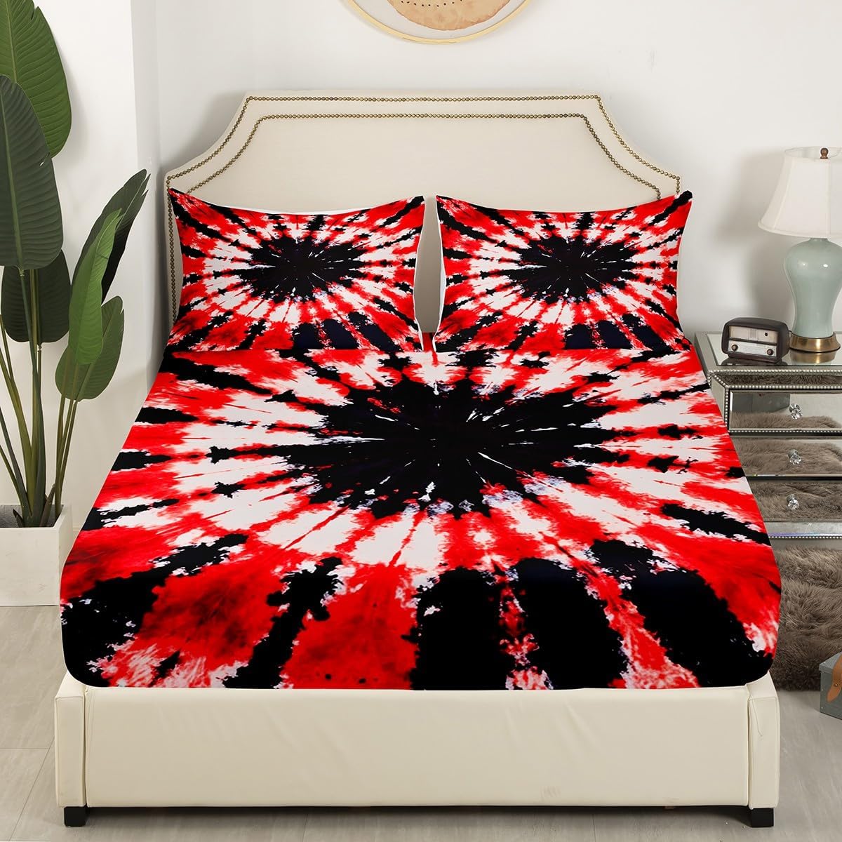 Tie Dye Bed Sheet Set Boho Psychedelic Bedding Set Hippie Tie Dye Fitted Sheet for Boys Girls Children Teens Bedroom Decor Bohemian Gypsy Bed Cover Red and Black Full Size with 2 Pillow Case