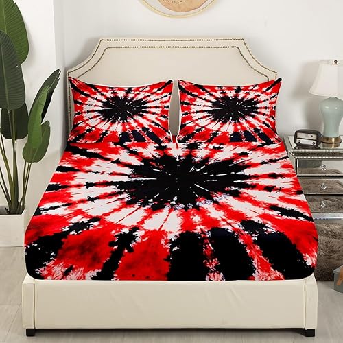 Miniatura 4 de Feelyou Juego de sábanas de teñido anudado tamaño Queen para niños y niñas, juego de sábanas bohemias trippy negro rojo hippie teñido anudado juego