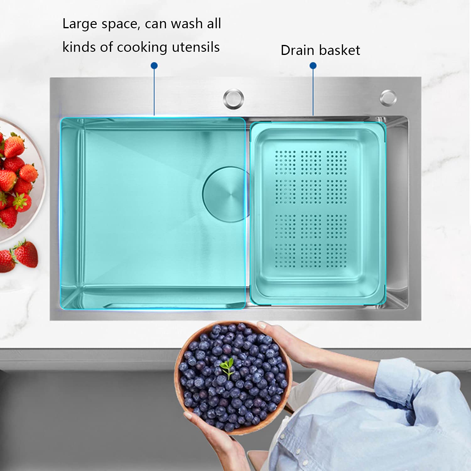 Lavello da cucina, lavello rettangolare in acciaio inossidabile, lavello singolo da incasso per uso domestico, rubinetto per lavello a discesa (B 72 x 45 x 22 cm)