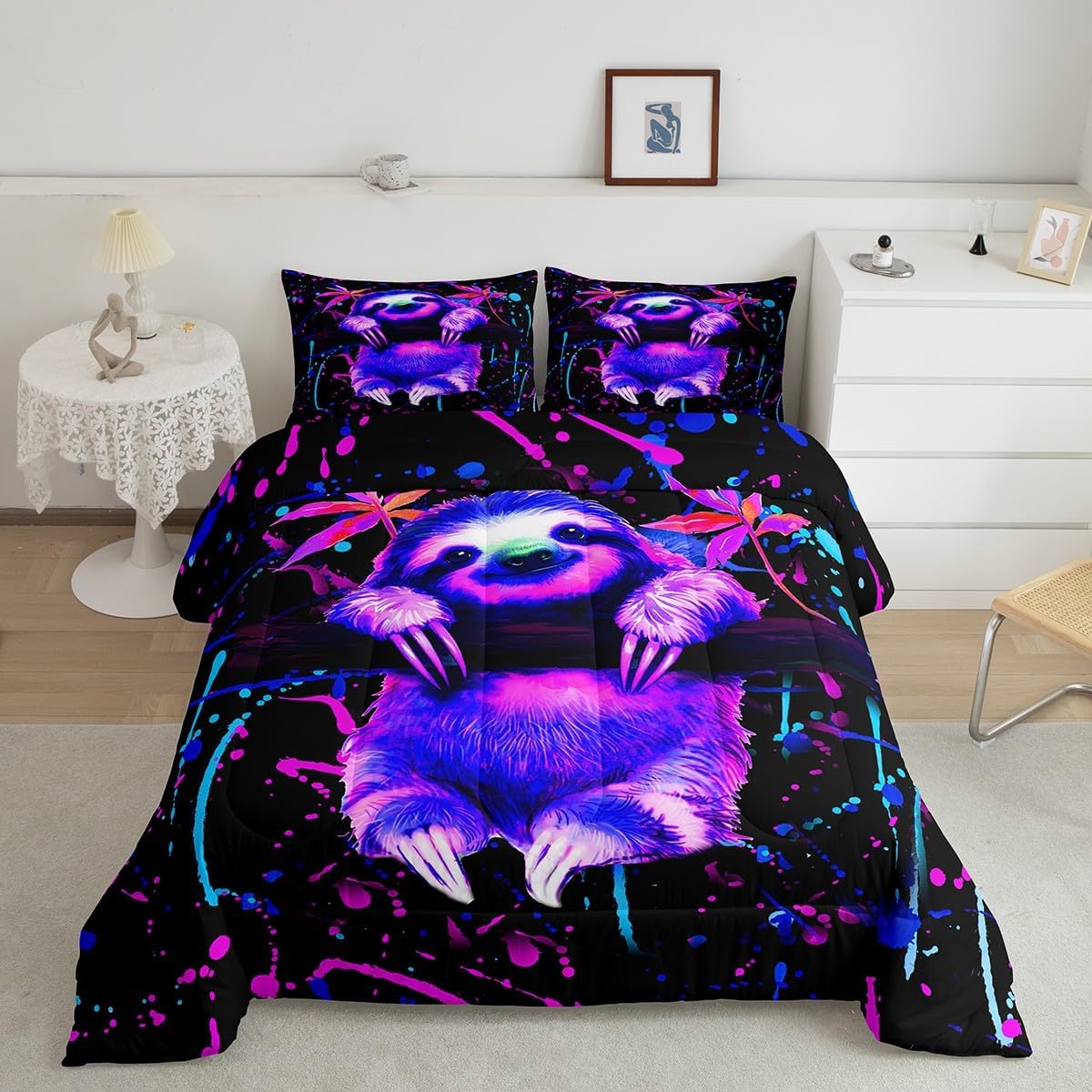 Feelyou Graffiti Sloth Bedding Set - Cute Cartoon Sloth Comforter & 2 Pillow Cases - Queen Size
