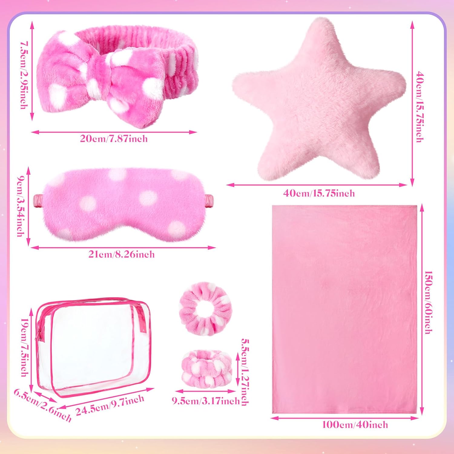 48 Pieces Sleepover Party Supplies for Girls 6 Pink Spa Headband 6 Eye Mask 6 Towels 6 Throw Pillows 6 Wrist Bands 6 Blankets 6 Hair Scrunchies 6 Toiletry Bags for Spa Sleepover Slumber Party