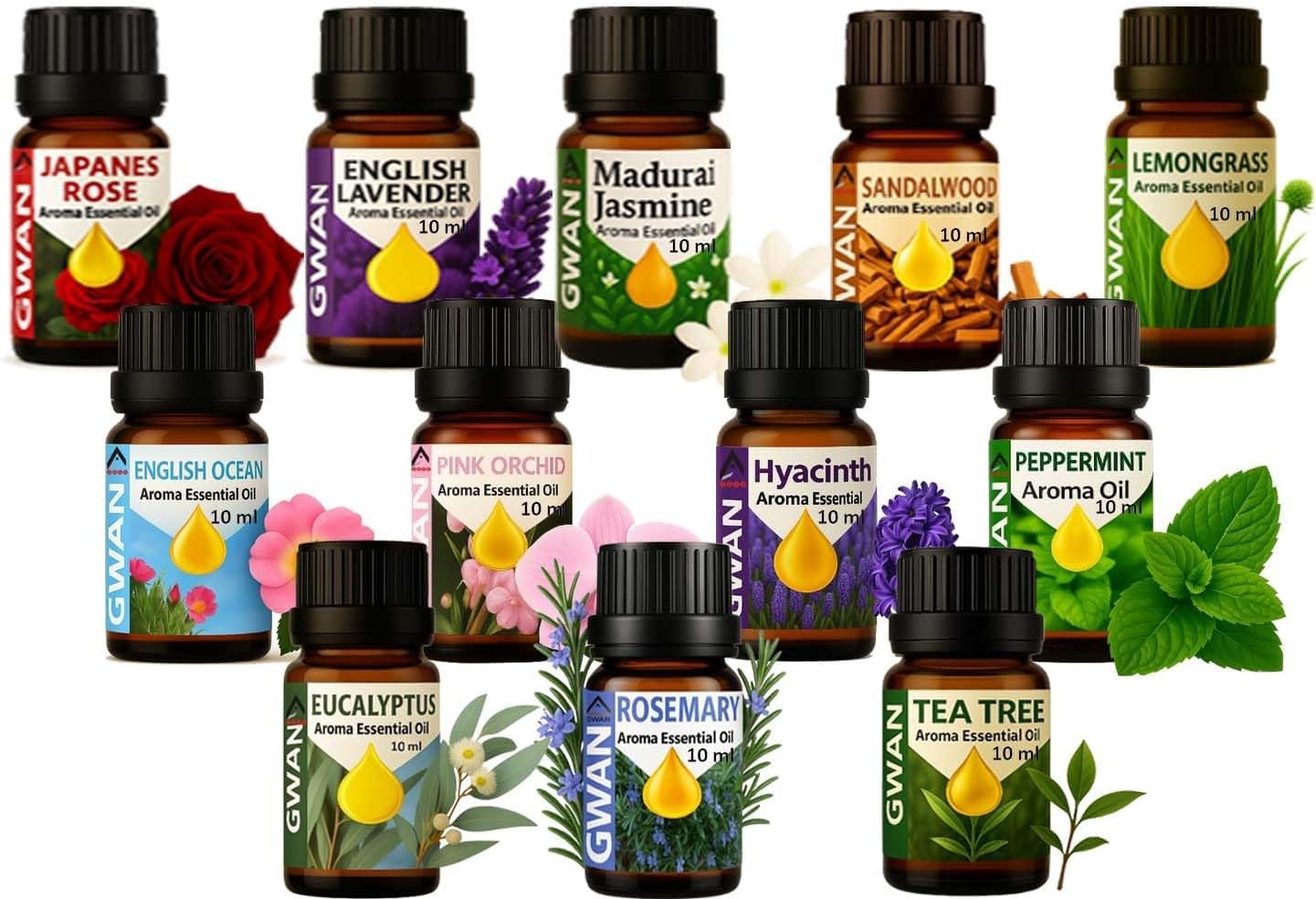 Aroma Essential Oil Japanese Rose, English Lavender, Madurai jasmine, Sandal Wood, Lemon Grass , English ocean, Pink Orchid, Hyacinth, Peppermint, Eucalyptus, Rosemary, Tea Tree, No Chemicals 10ml Each - (Set of 12)