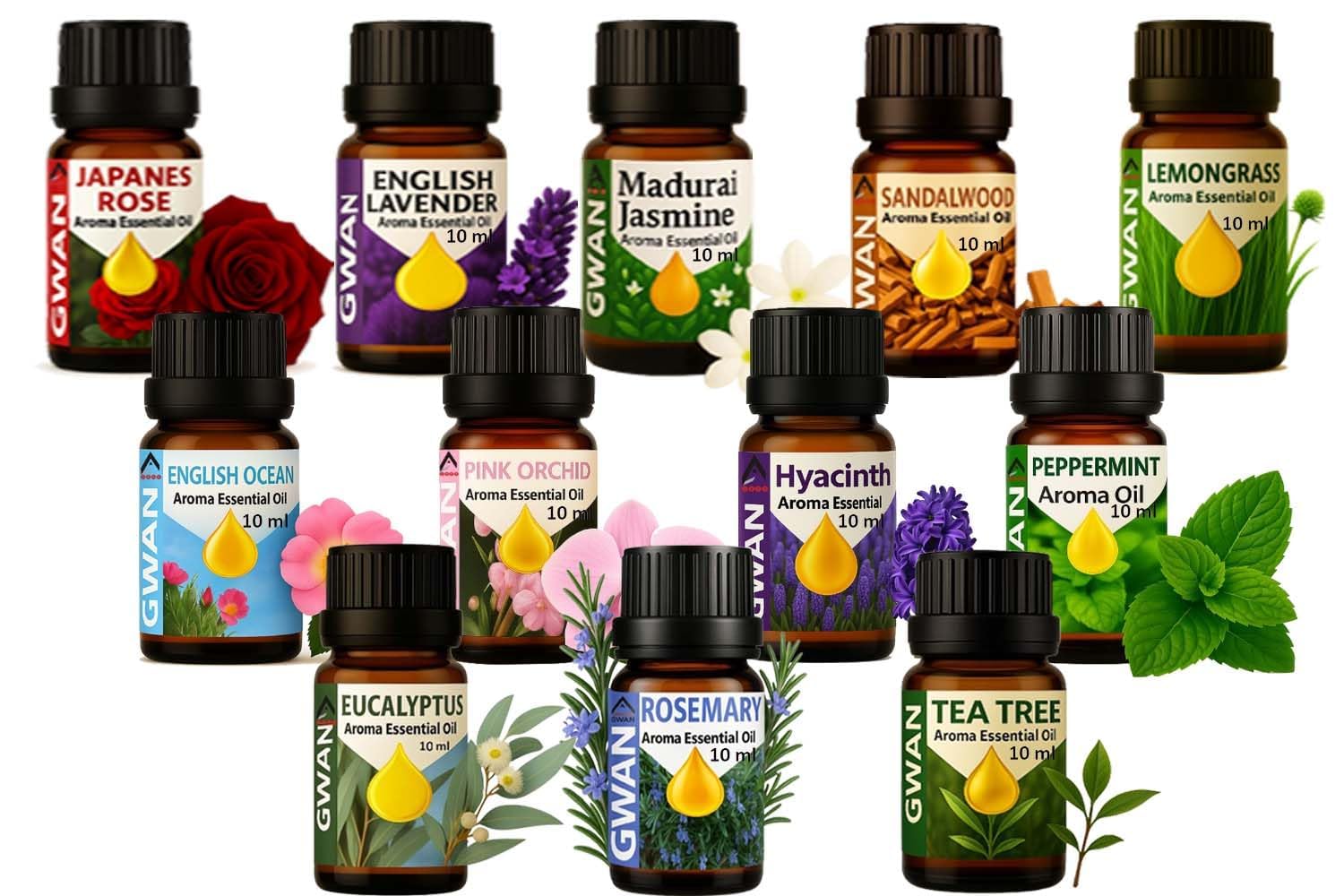 Gwan Aroma Essential Oil Japanese Rose, English Lavender, Madurai jasmine, Sandal Wood, Lemon Grass , English ocean, Pink Orchid, Hyacinth, Peppermint, Eucalyptus, Rosemary, Tea Tree, No Chemicals 10ml Each - (Set of 12)