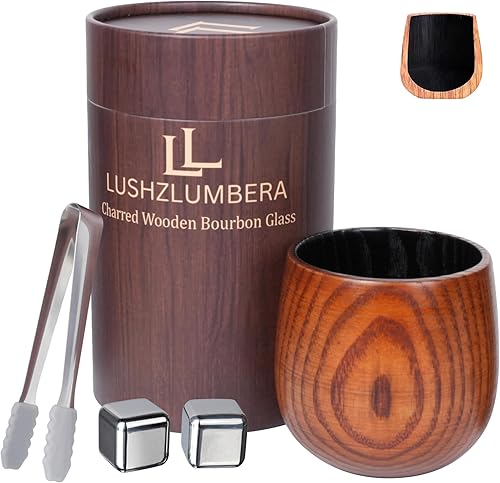 Juego de regalo de vidrio de bourbon de madera carbonizada  Vaso de whisky de roble hecho a mano y taza del grial para papá, marido o novio