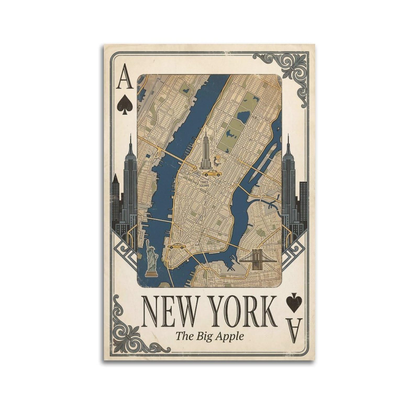 OKNGB Vintage City Map Poster New York Manhattan Skyline Playing Card Style Decorative Painting Canvas Art Picture 20x30inch(50x75cm)