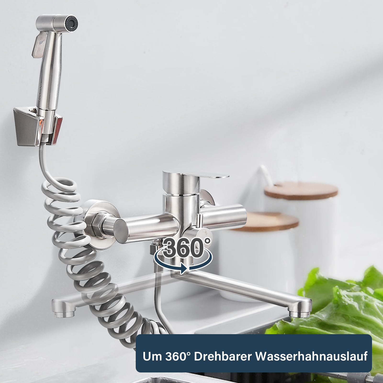 Wasserhahn Küche Wandmontage,Wandarmatur Küche mit Spritzpistole, 360° Drehbare Küchenarmatur Wandmontage Drehrohr 23cm,Gebürstet