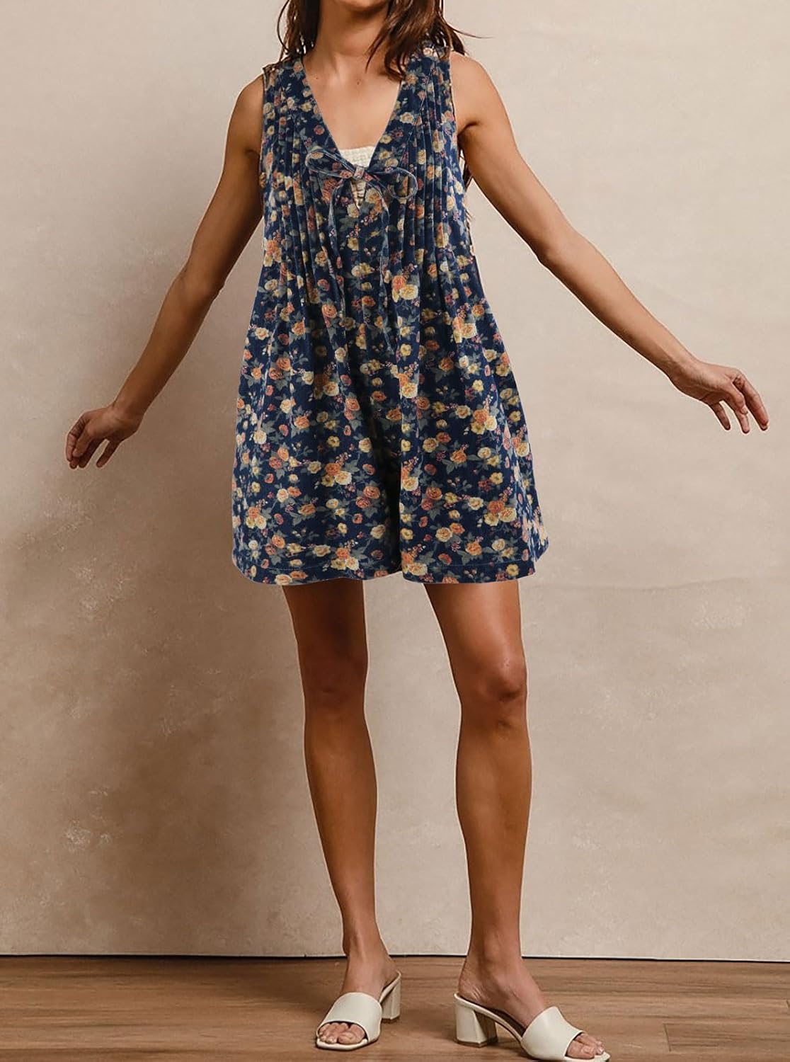 loveimgs Women Sleeveless Floral Print Denim Romper Shorts Ruffle Jean Overall Dress Front Tie Flowy Jumpsuit Summer