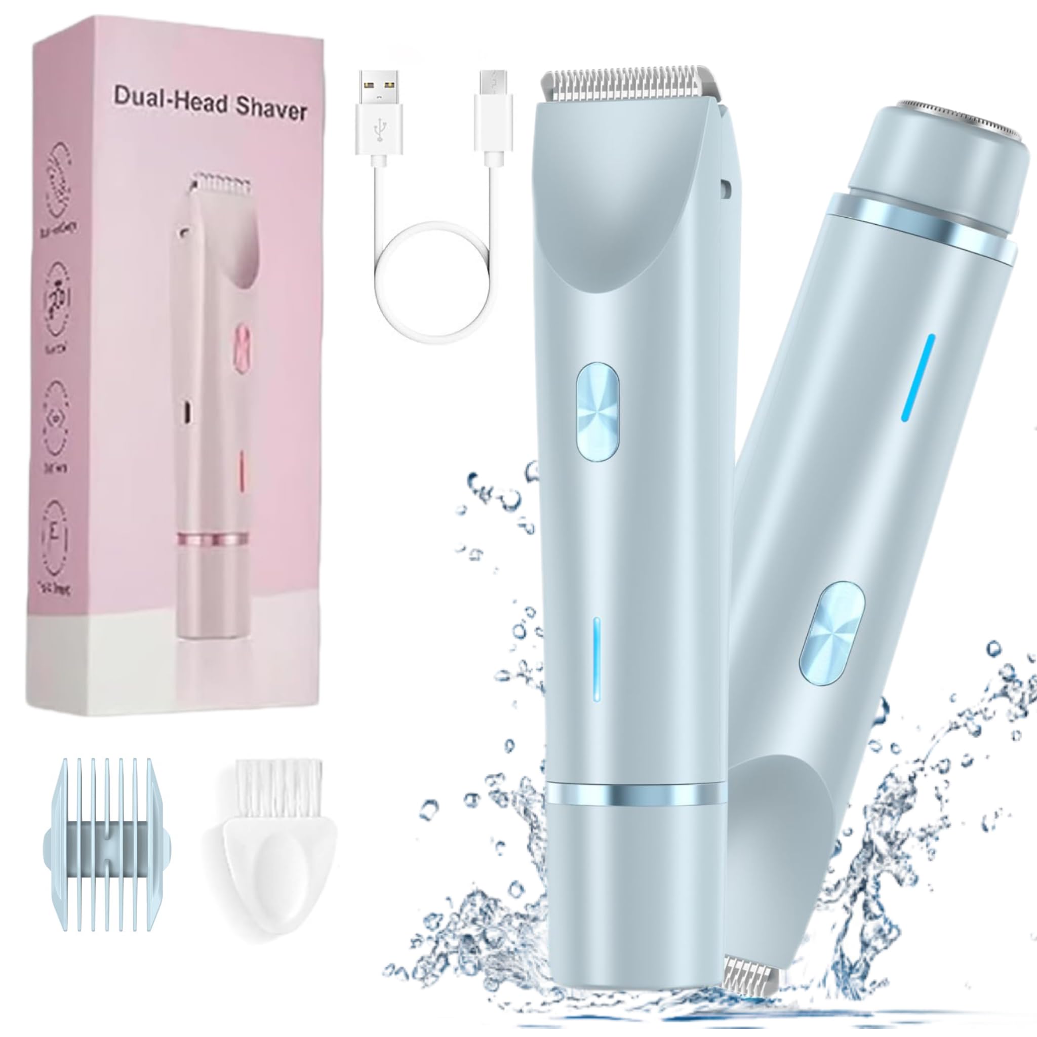 Glow Aura Womens Shaver, Silky Glow 2 in 1 Body Shaver, IPX7 Waterproof Glow Aura Womens Electric Razor, Type-C Glowshave Dual Head Electric Bikini Trimmer for Women Private Area