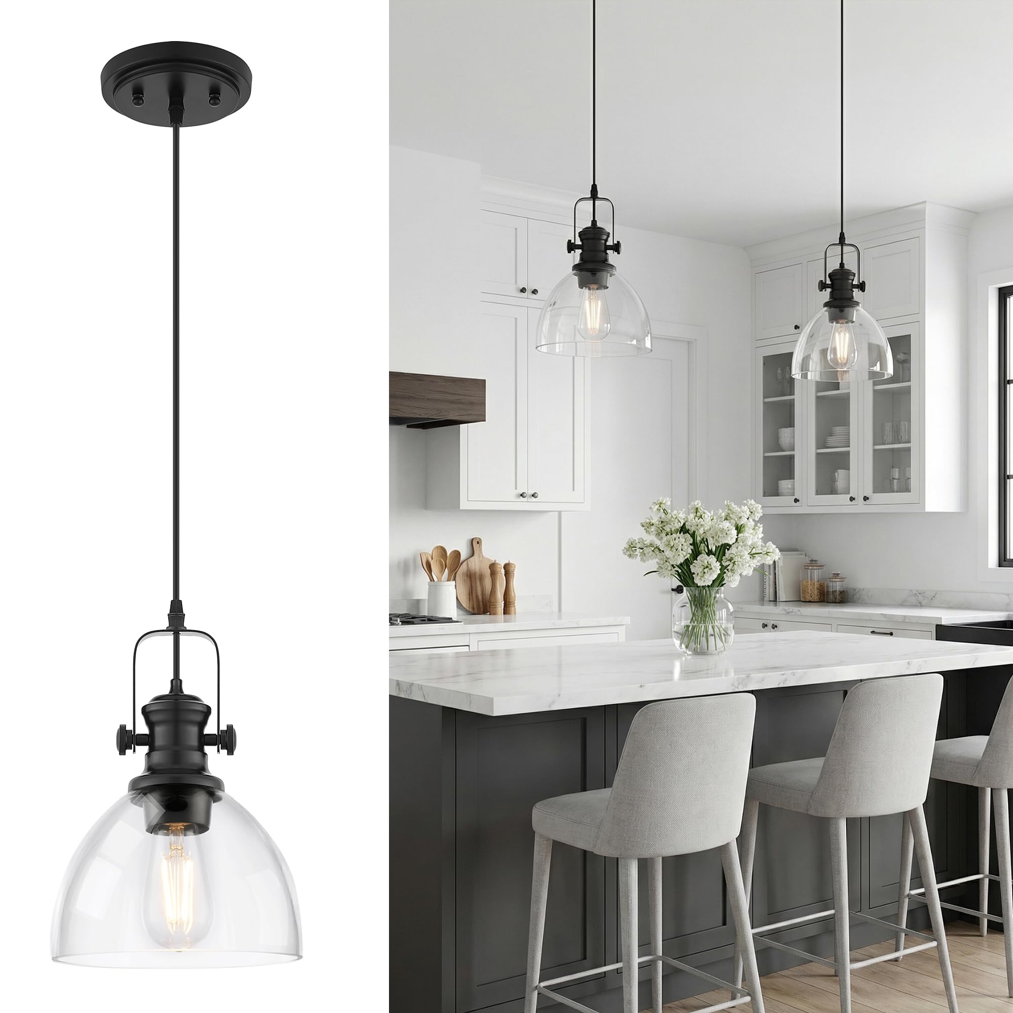 Photo 1 of Audickic 2-Pack Pendant Lights Kitchen Island, 7.5" Farmhouse Black Pendant Lighting with Clear Glass Shade, Vintage Hanging Light Fixtures for Dining Room Entryway, Adjustable Cord, AD-22151-1P2-BK-C