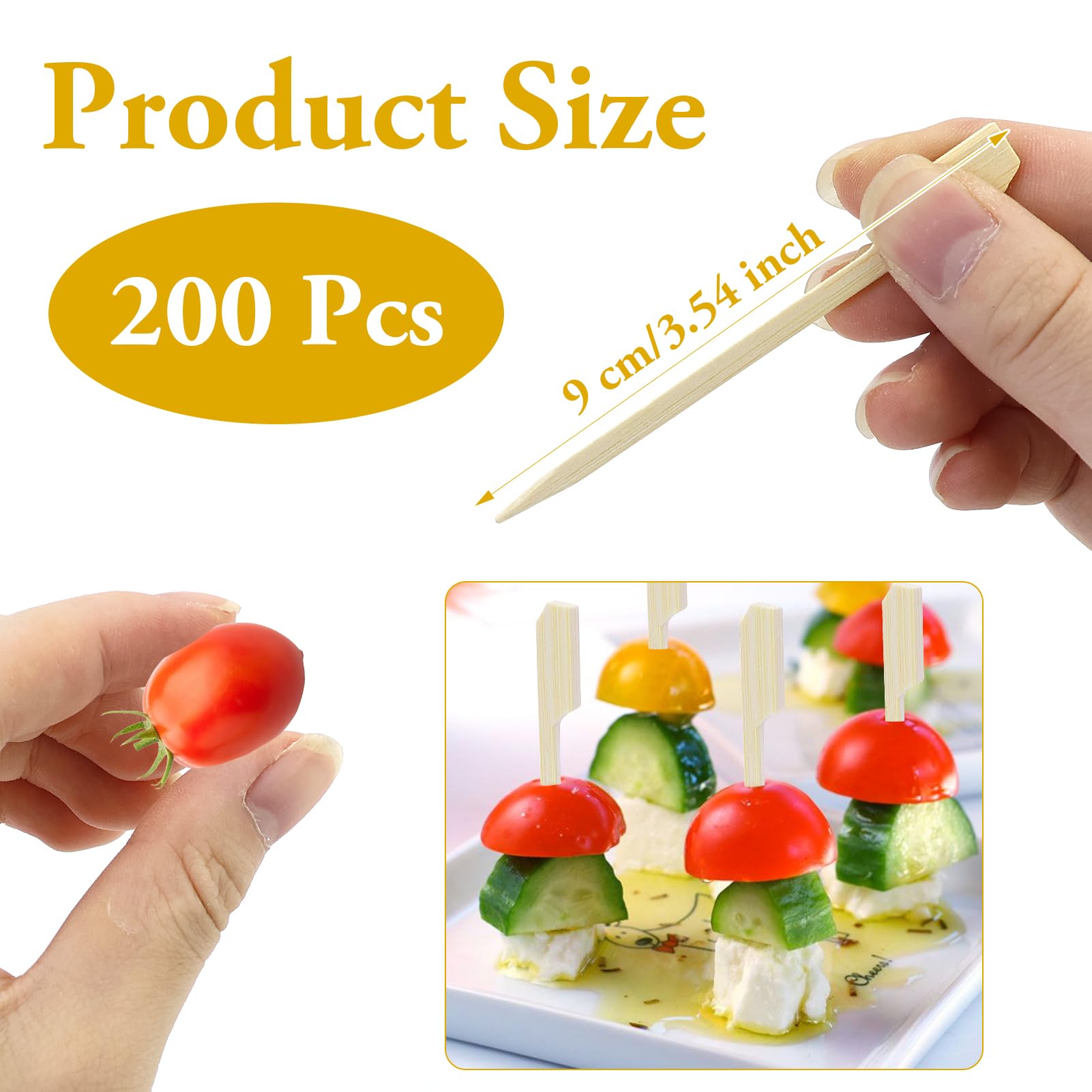 Brochettes en Bambou de 9 cm, 200 Pics en Bambou de Cocktail Brochettes pour Apéritif, Brochette en Bois Bâtonnets pour Cocktails, Fruits, Sandwichs