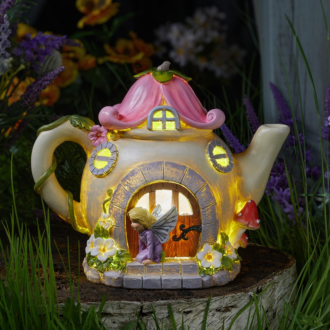 mysmartbuy Solar Powered Teapot Fairy House Garden Ornament - LED Light Up, Hand-Painted, Weatherproof, White/Colour Changing