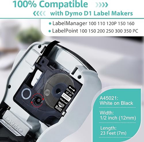 Miniatura 2 de NineLeaf Paquete de 4 cintas de etiquetas blancas sobre negras compatibles con Dymo D1 45021 S0720610 12" 0.472 in x 23' 23.0 ft cintas para uso en