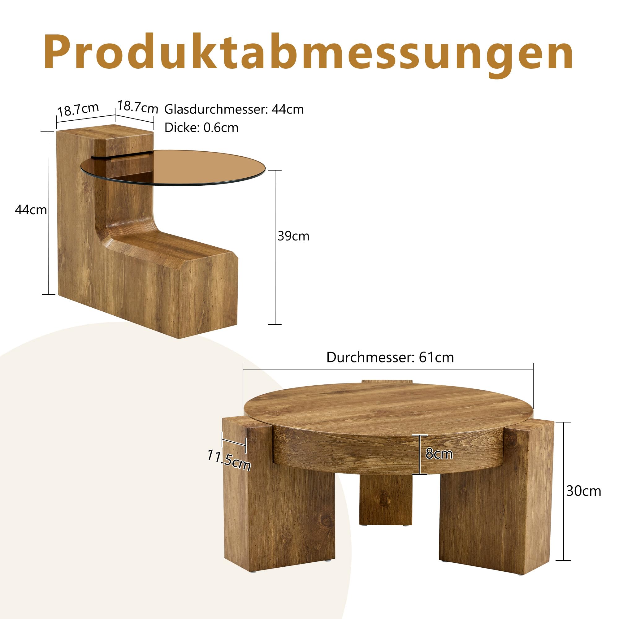 Bladez Mesa de centro con 2 niveles y patas en forma de L, mesa auxiliar redonda desmontable con tapa de cristal marrón transparente y aspecto de madera, para salón, dormitorio, balcón, mesa de centro