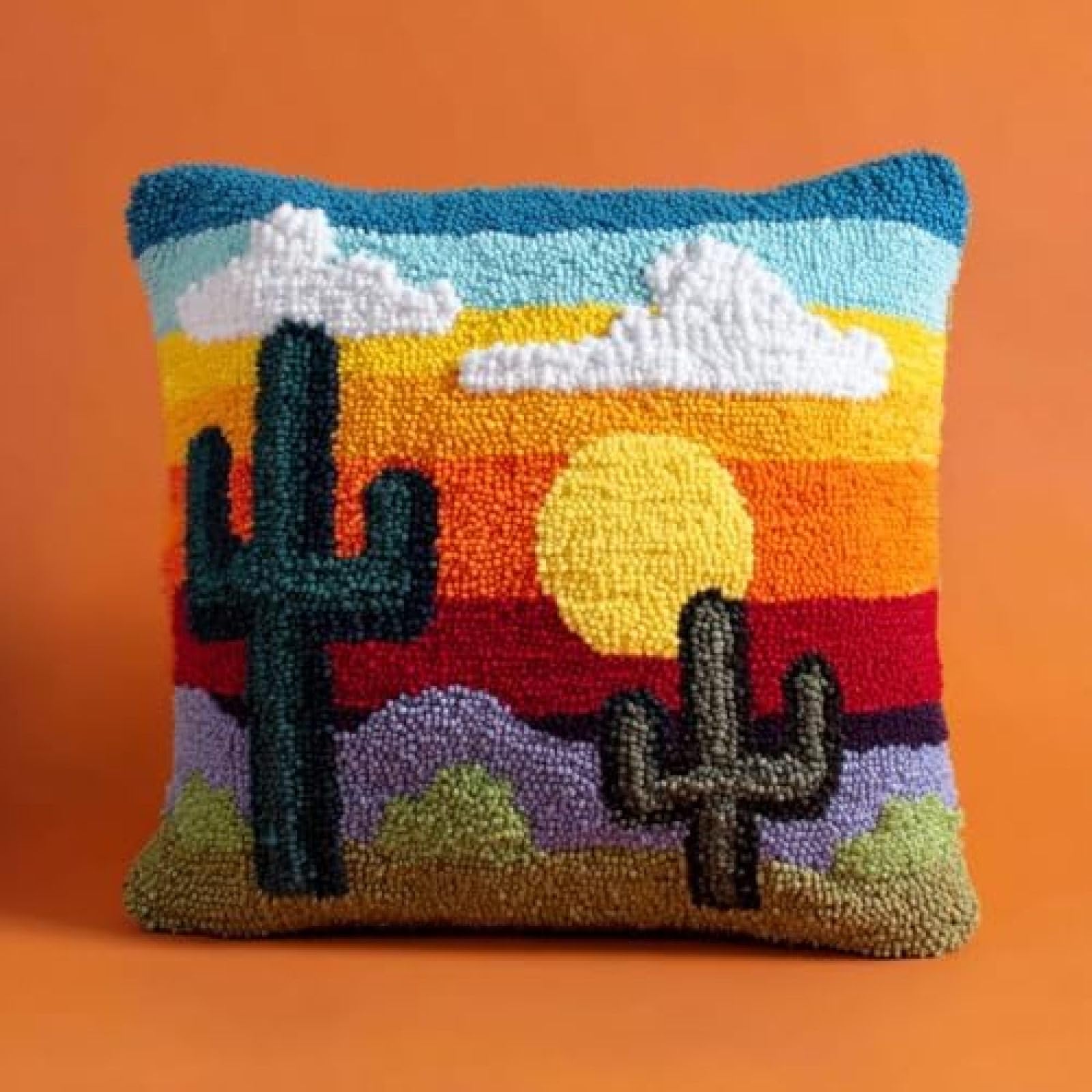 kitphoenix Cactus and Sunset Cushion Cover Latch Hook Kit for Adults,DIY Craft Kit with Pre-Printed Canvas,Yarn and Hook,43x43 cm Handmade Home Décor
