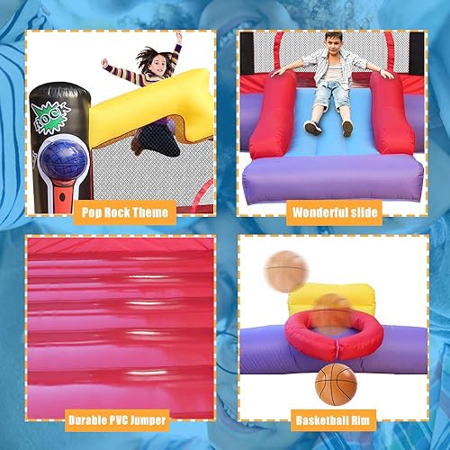 Miniatura 7 de BESTPARTY Casa inflable de rebote con soplador para niños, tema de estrella pop, tobogán hinchable y gran área de salto, para patio, patio trasero,