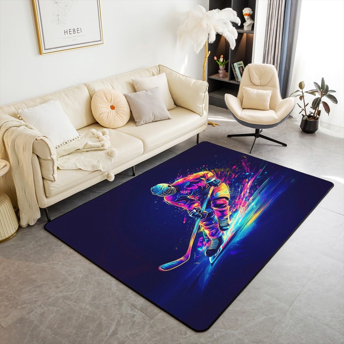 Homewish Tapis Salon 100x150cm Joueur de Hockey, Tapis Chambre Néon, Tapis Sol Garçons Filles Hiver Coloré de Hockey sur Glace, Décoration D'Intérieur Style de Graffiti de Jeu Sportif