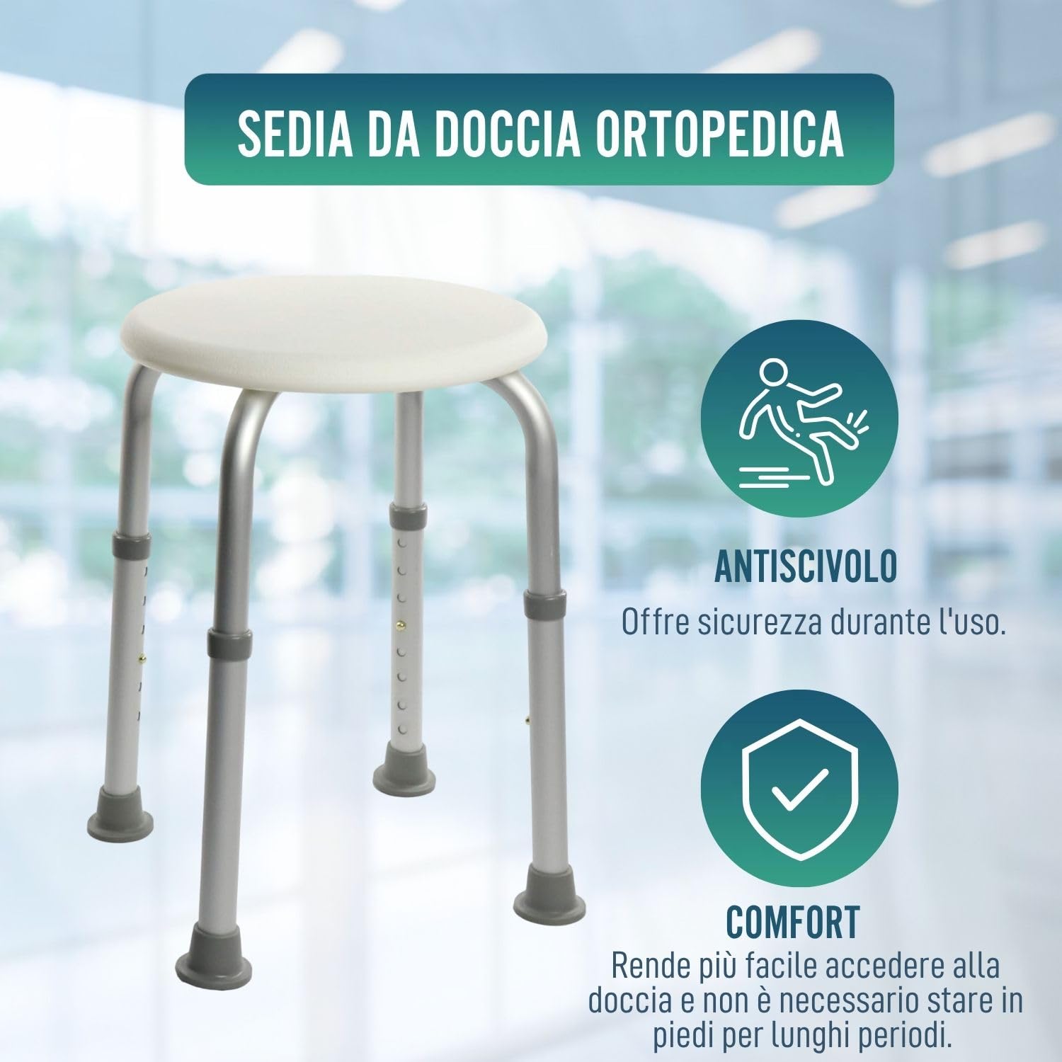 OrtoPrime sgabello da doccia per anziani rotondo – Sedia per doccia regolabile in altezza – Sgabello da bagno antiscivolo per adulti e anziani – Sedia doccia ergonomica leggera e sicura